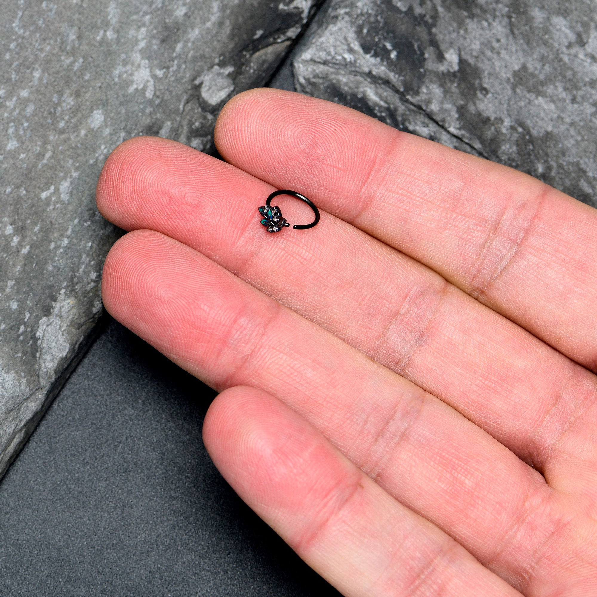 20G 5/16 Clear CZ Gem Black Lush Leaves Nose Hoop