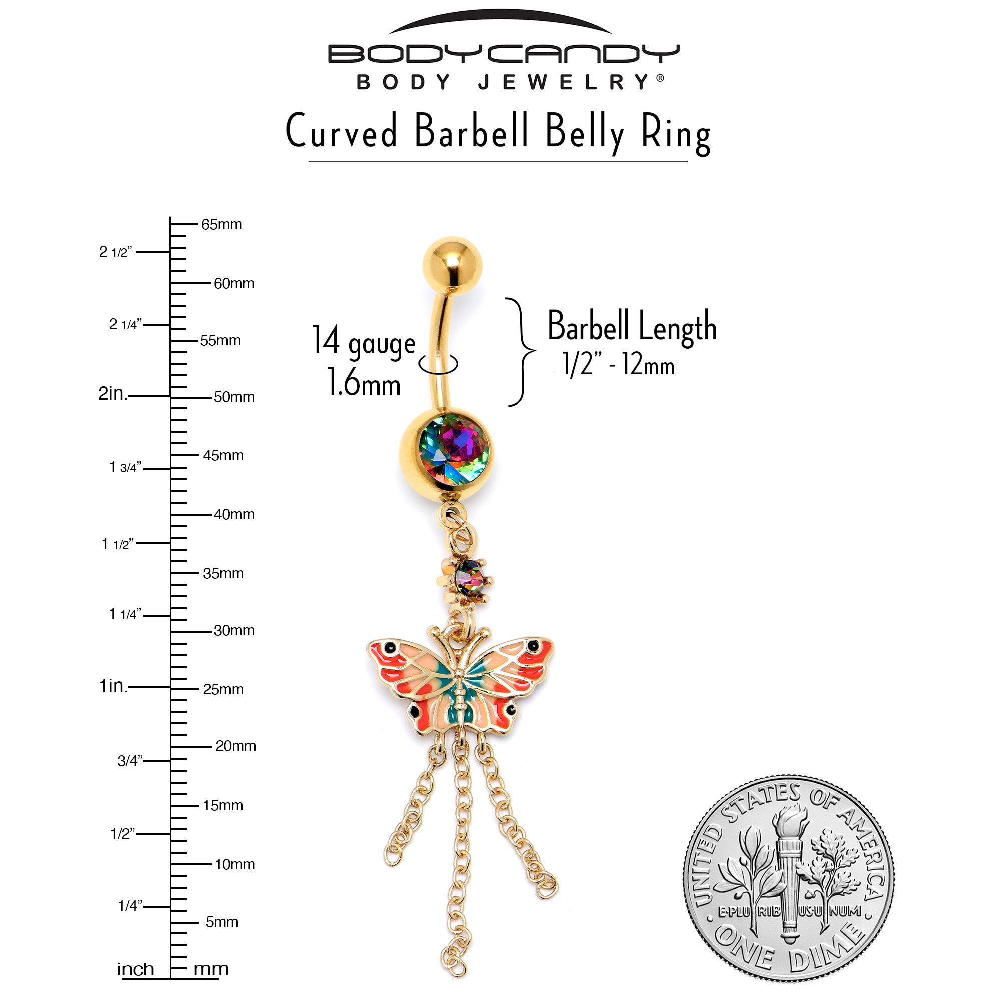 Vitrail Gem Gold Tone Sunrise Butterfly Dangle Belly Ring