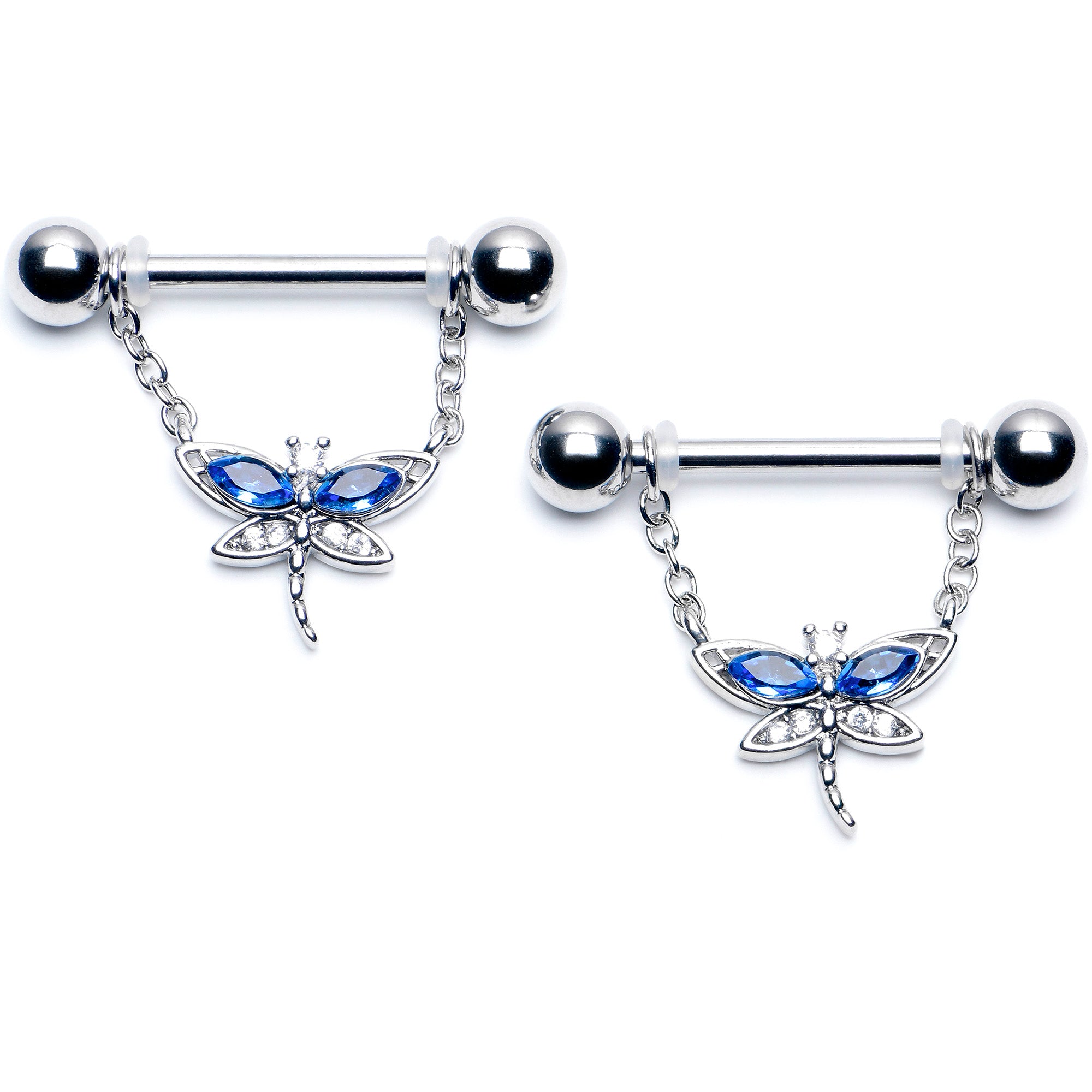 14G 9/16 Blue CZ Gem Dragonfly Dream Dangle Nipple Ring Set