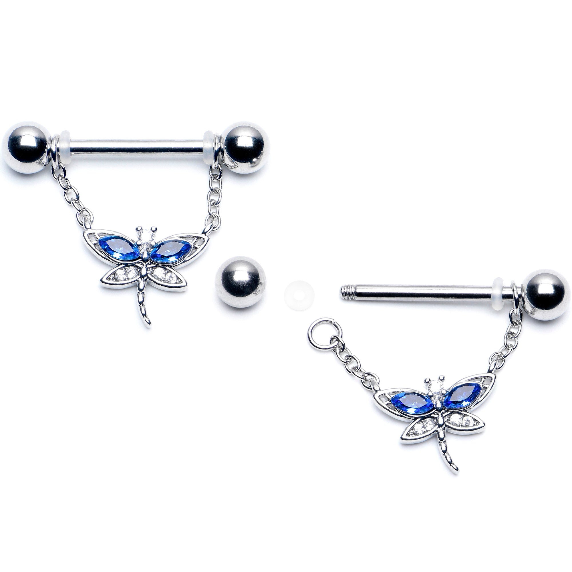 14G 9/16 Blue CZ Gem Dragonfly Dream Dangle Nipple Ring Set