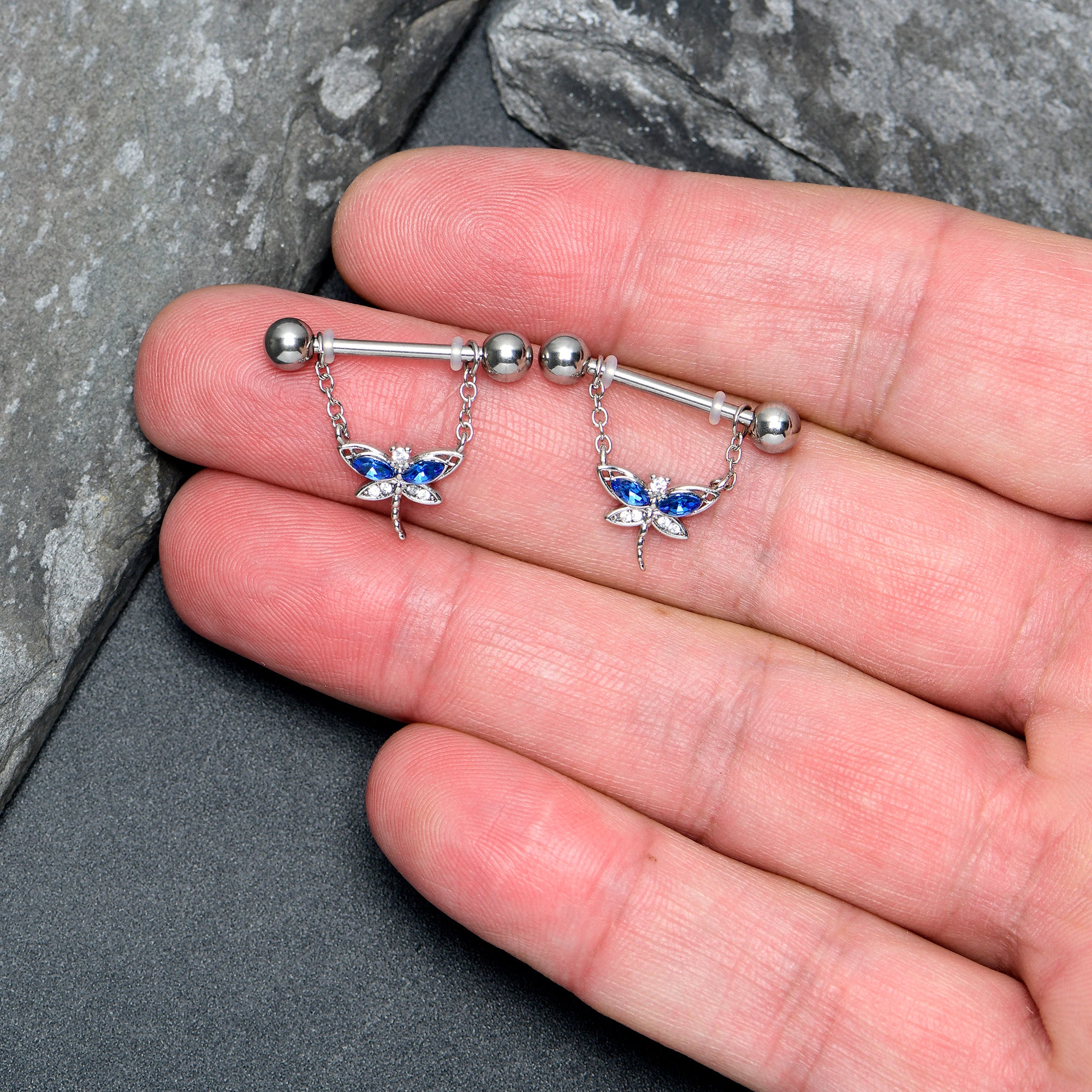 14G 9/16 Blue CZ Gem Dragonfly Dream Dangle Nipple Ring Set