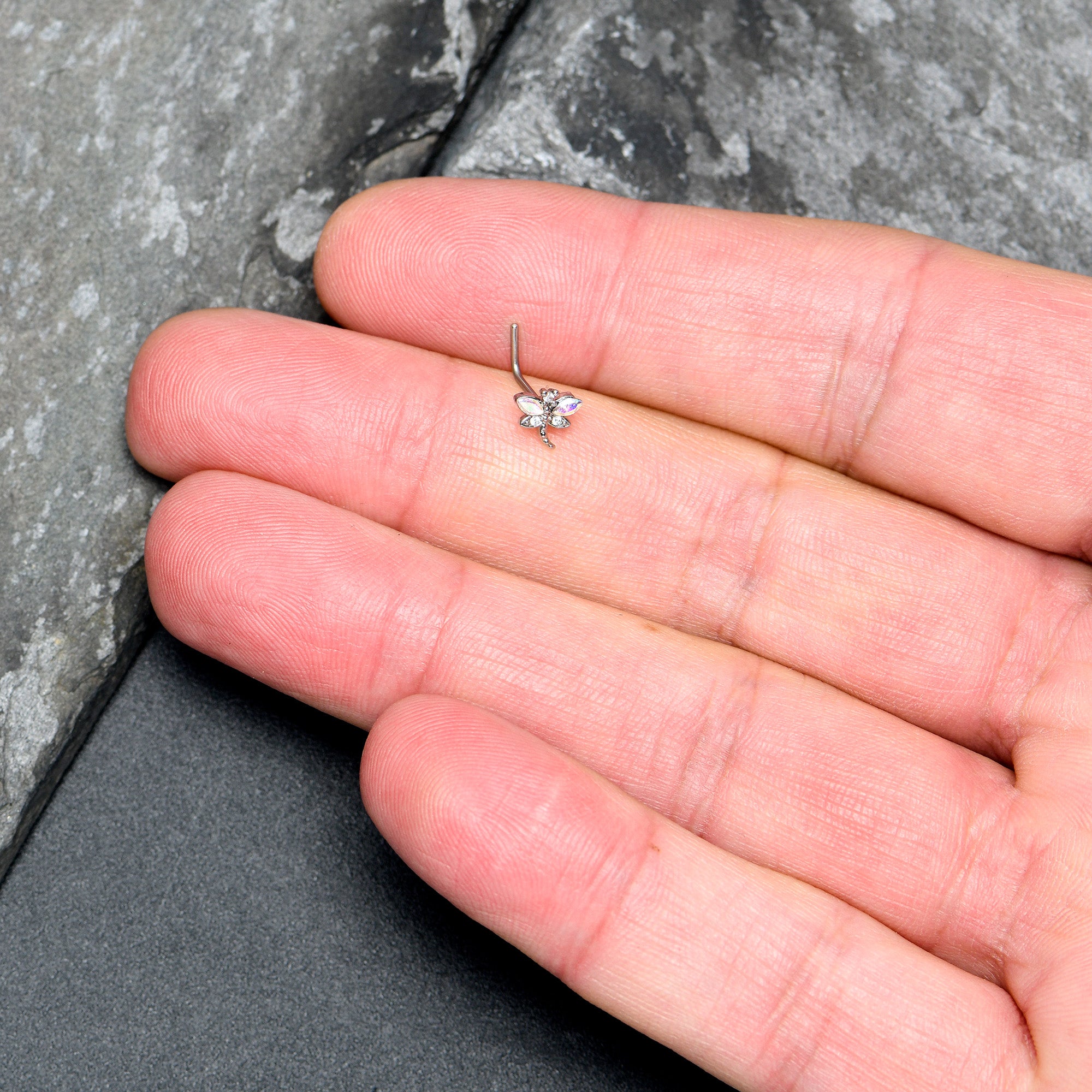 20G 7mm Aurora CZ Gem Understated Dragonfly L Shape Nose Ring