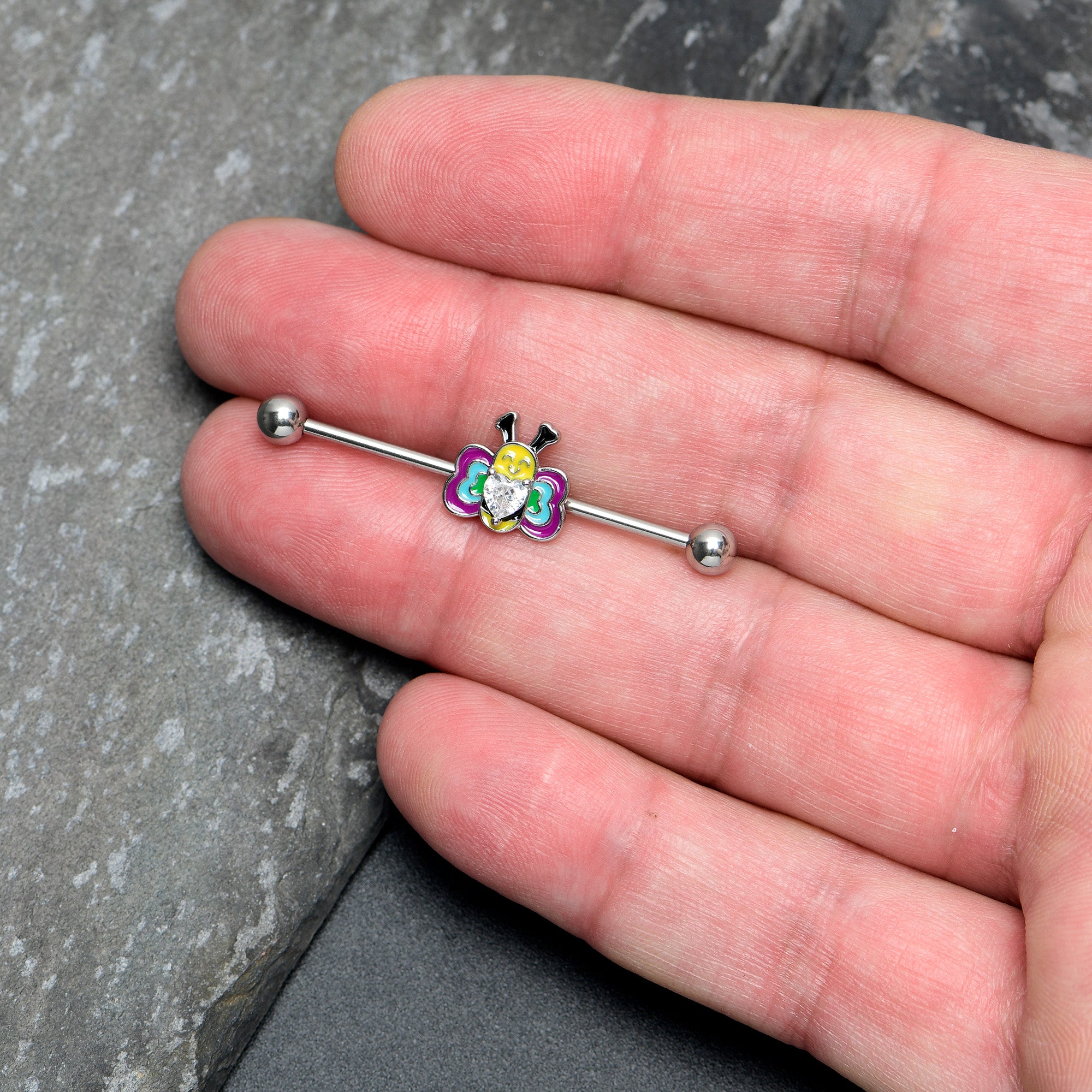 14G Clear CZ Gem Butterfly Love Bug Heart Industrial Barbell 38mm