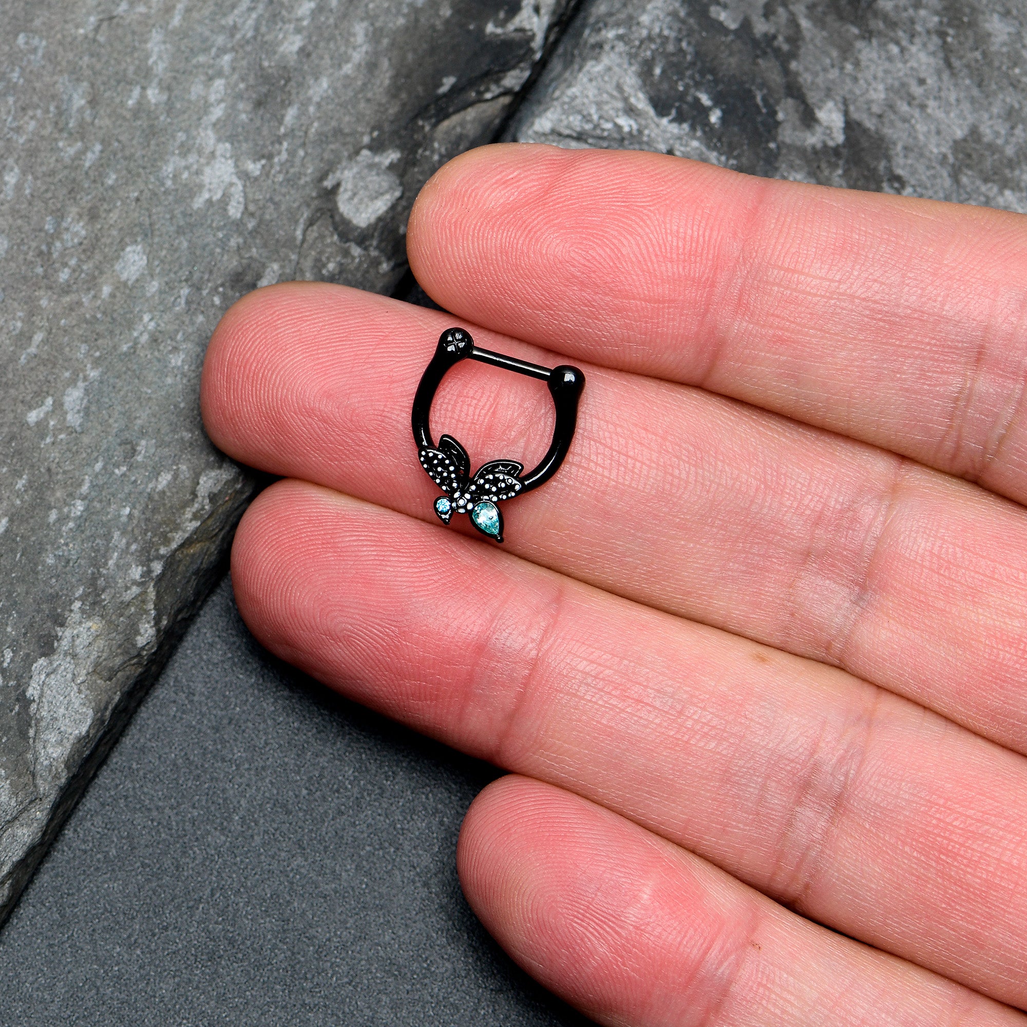 16G 5/16 Blue CZ Gem Black Night Drama Butterfly Cartilage Clicker