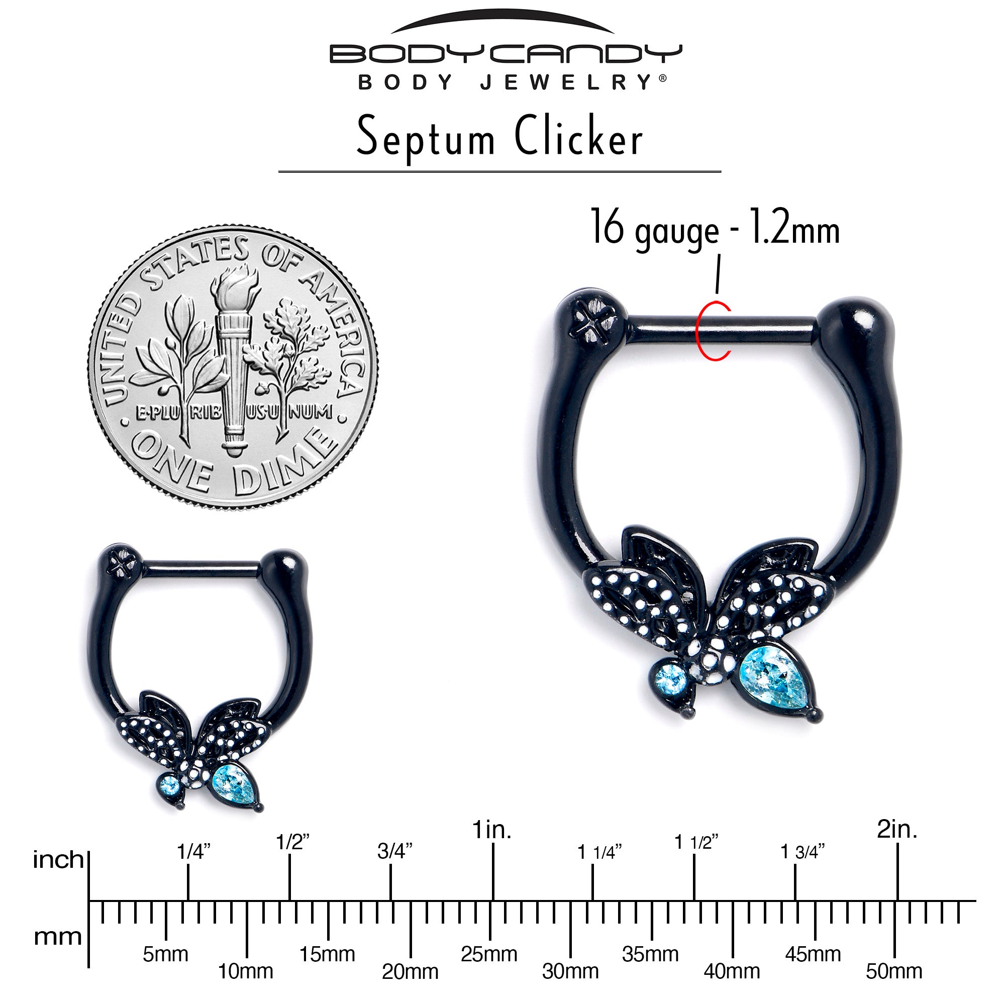 16G 5/16 Blue CZ Gem Black Night Drama Butterfly Cartilage Clicker