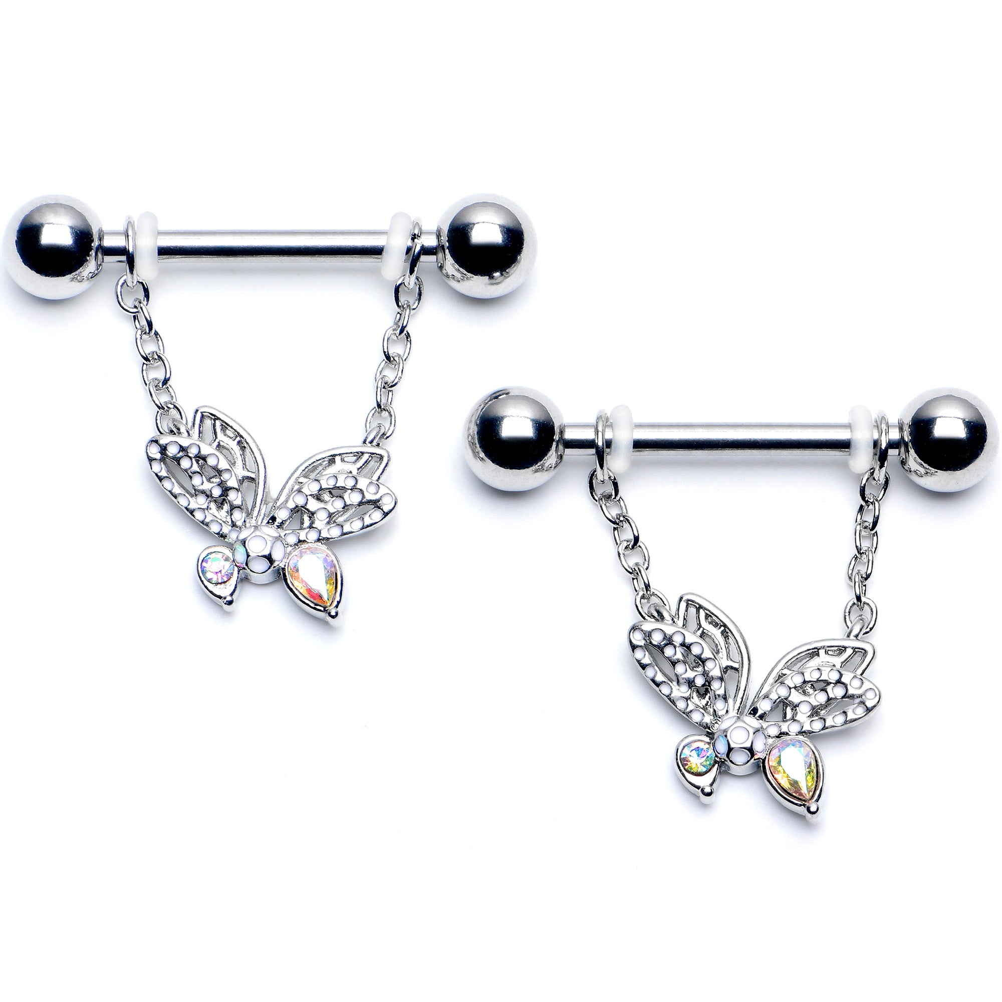 14G 9/16 Aurora CZ Gem Ultra Drama Butterfly Dangle Nipple Ring Set