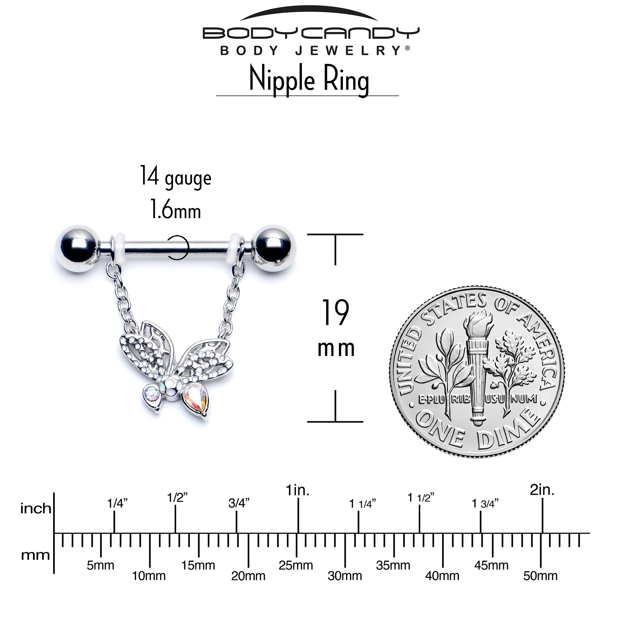 14G 9/16 Aurora CZ Gem Ultra Drama Butterfly Dangle Nipple Ring Set