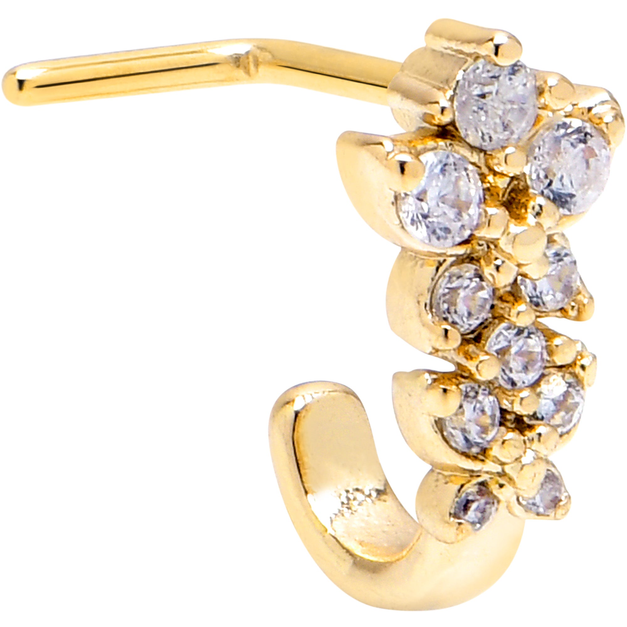 20G 7mm Clear Gem Gold Tone Flower Duo Faux Hoop L Shape Nose Ring