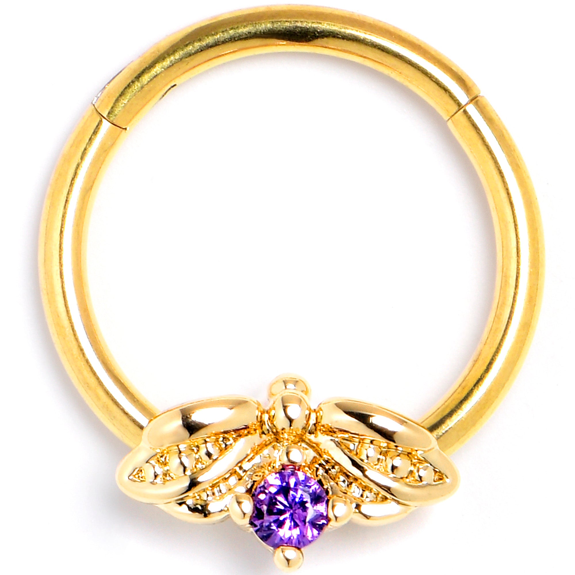 16G 3/8 Purple Gem Gold Tone Beauty Bug Hinged Segment Ring