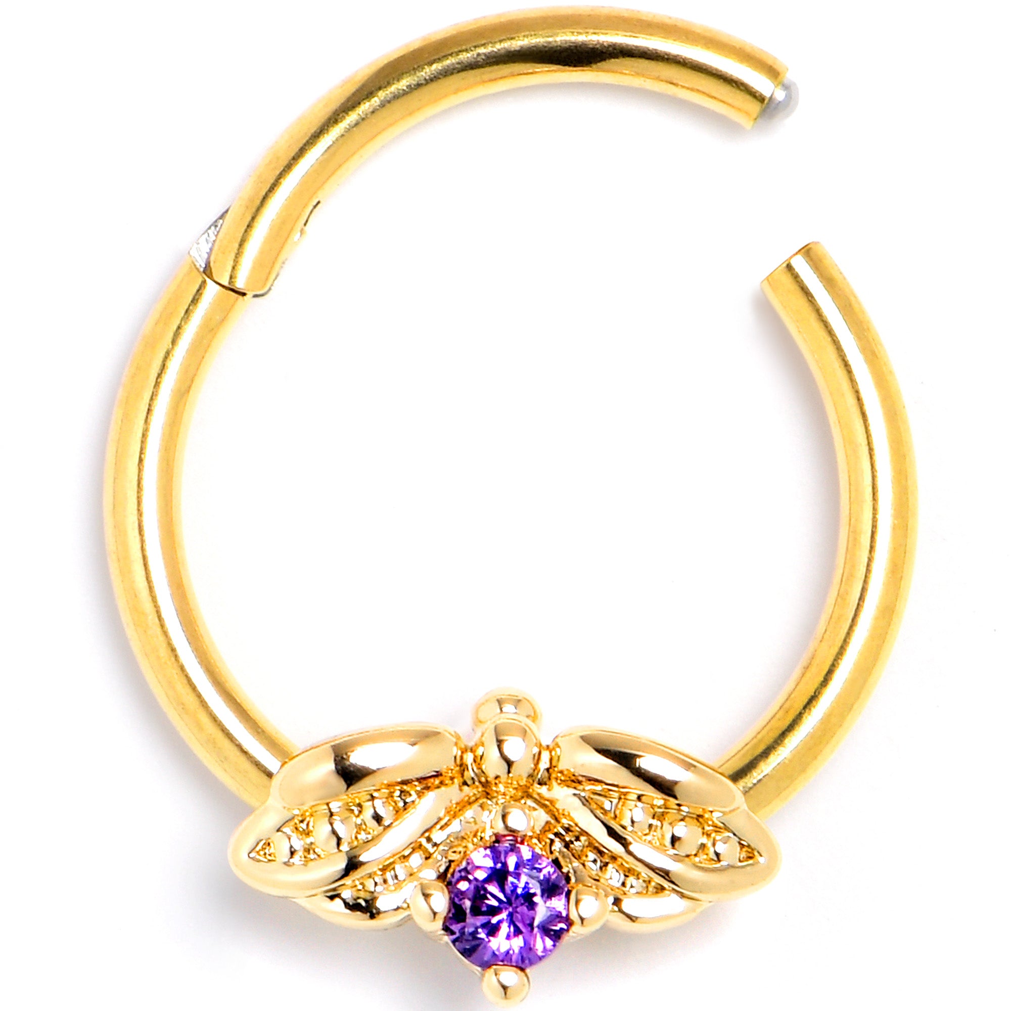 16G 3/8 Purple Gem Gold Tone Beauty Bug Hinged Segment Ring