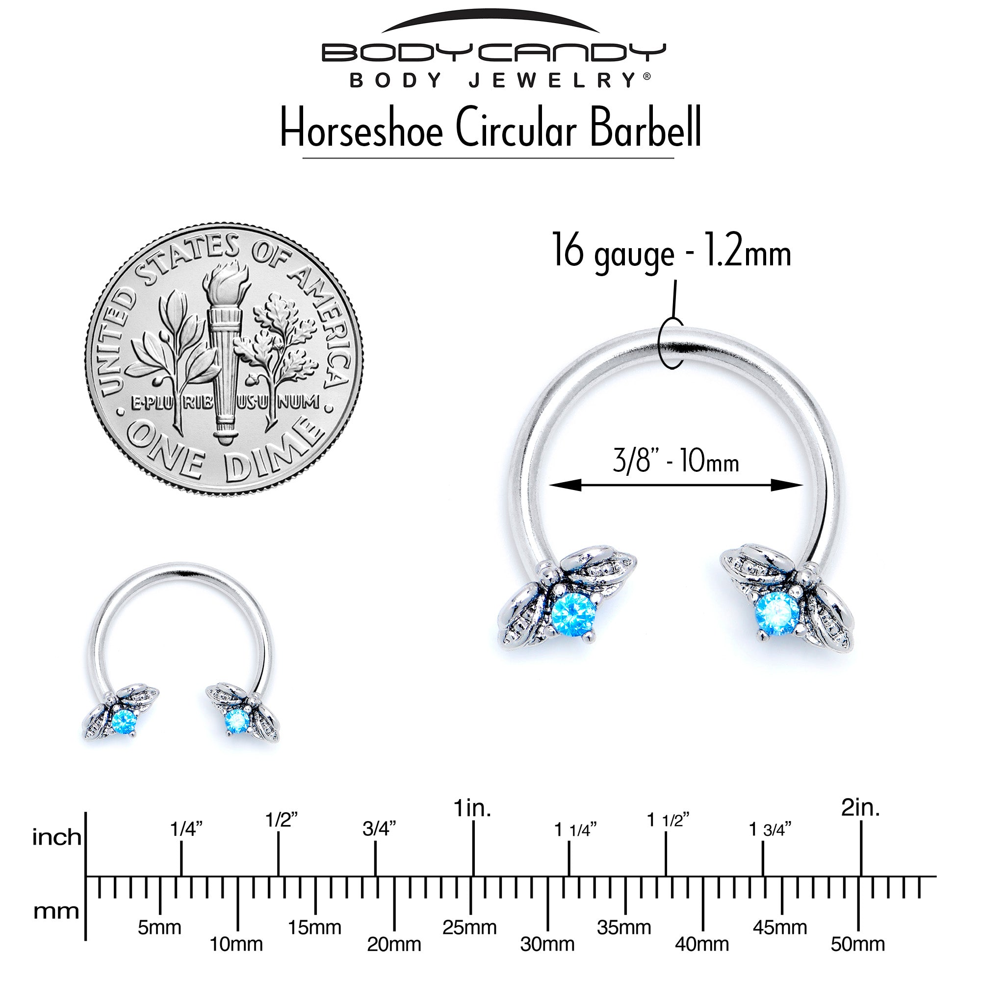 16G 3/8 Blue Gem Beauty Bug Insect Horseshoe Circular Barbell
