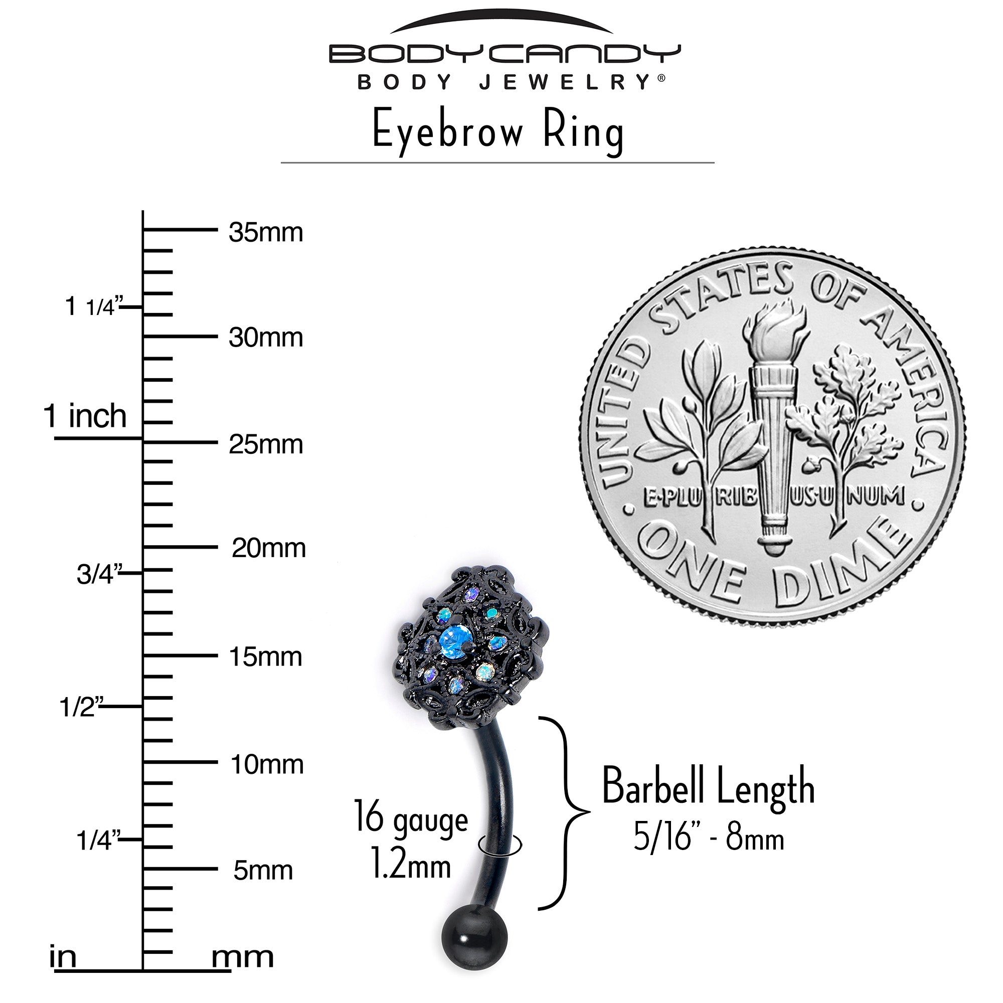 16G 5/16 Blue Aurora Gem Black Night Blossom Curved Eyebrow Ring