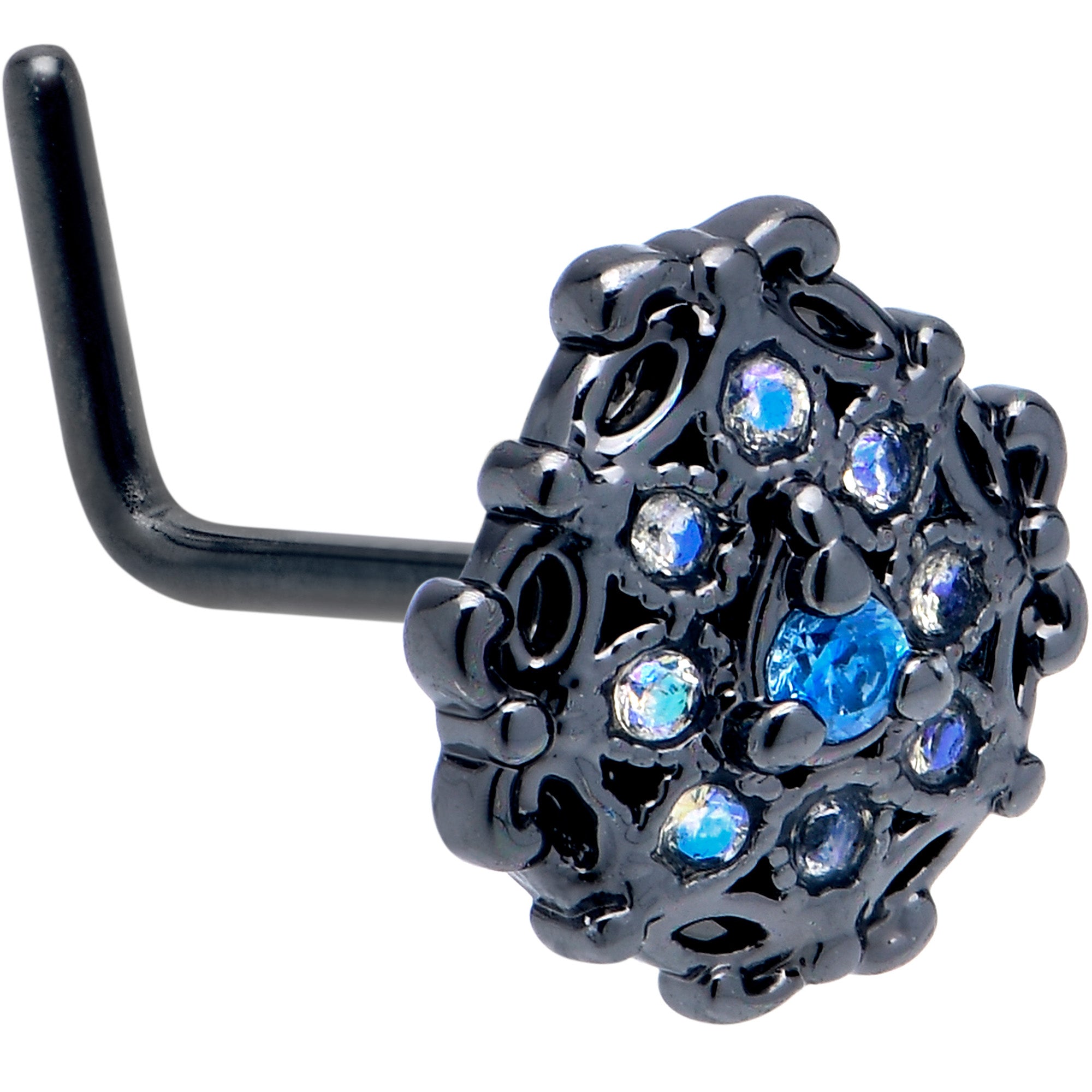 20G 7mm Blue Aurora Gem Black Night Blossom L Shape Nose Ring
