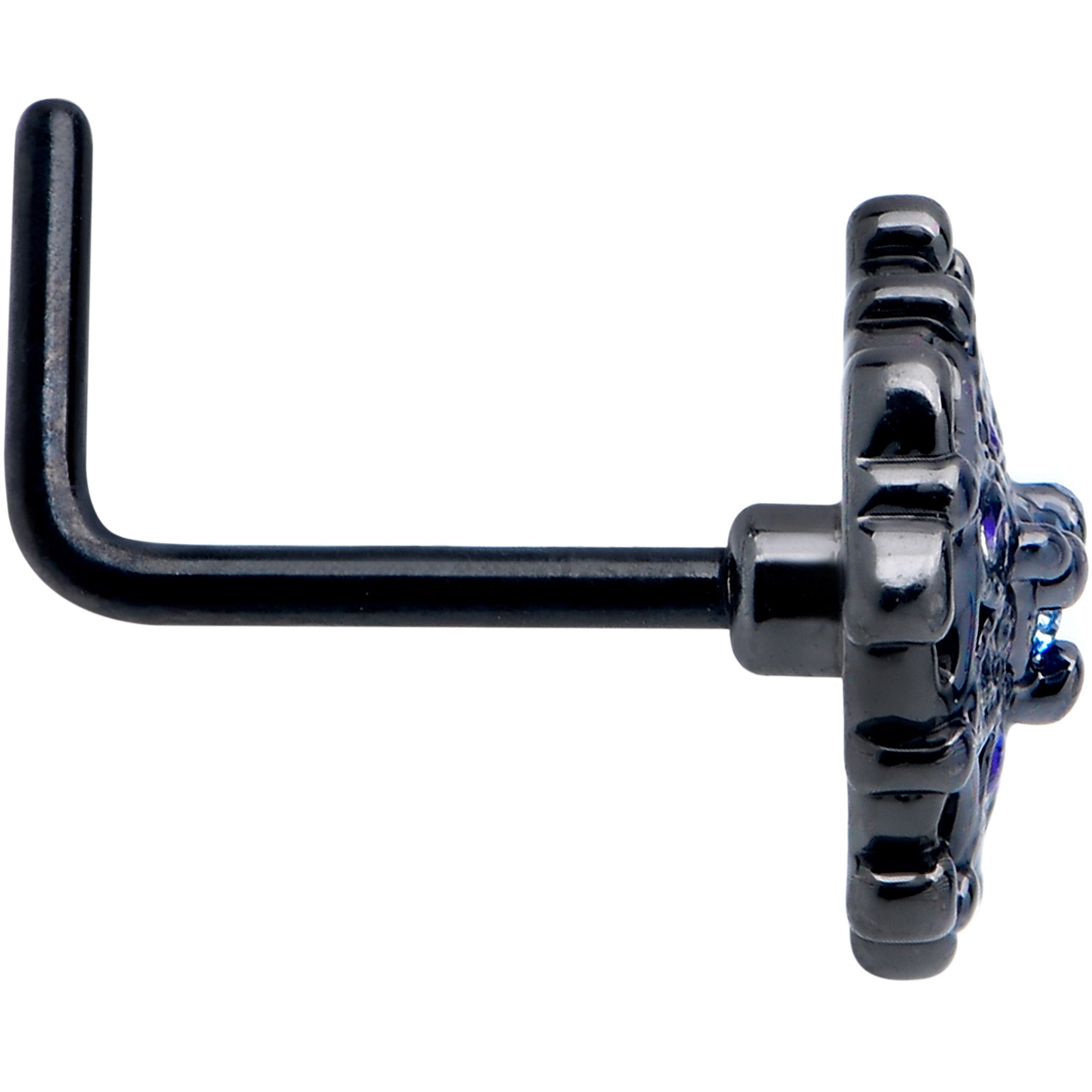 20G 7mm Blue Aurora Gem Black Night Blossom L Shape Nose Ring