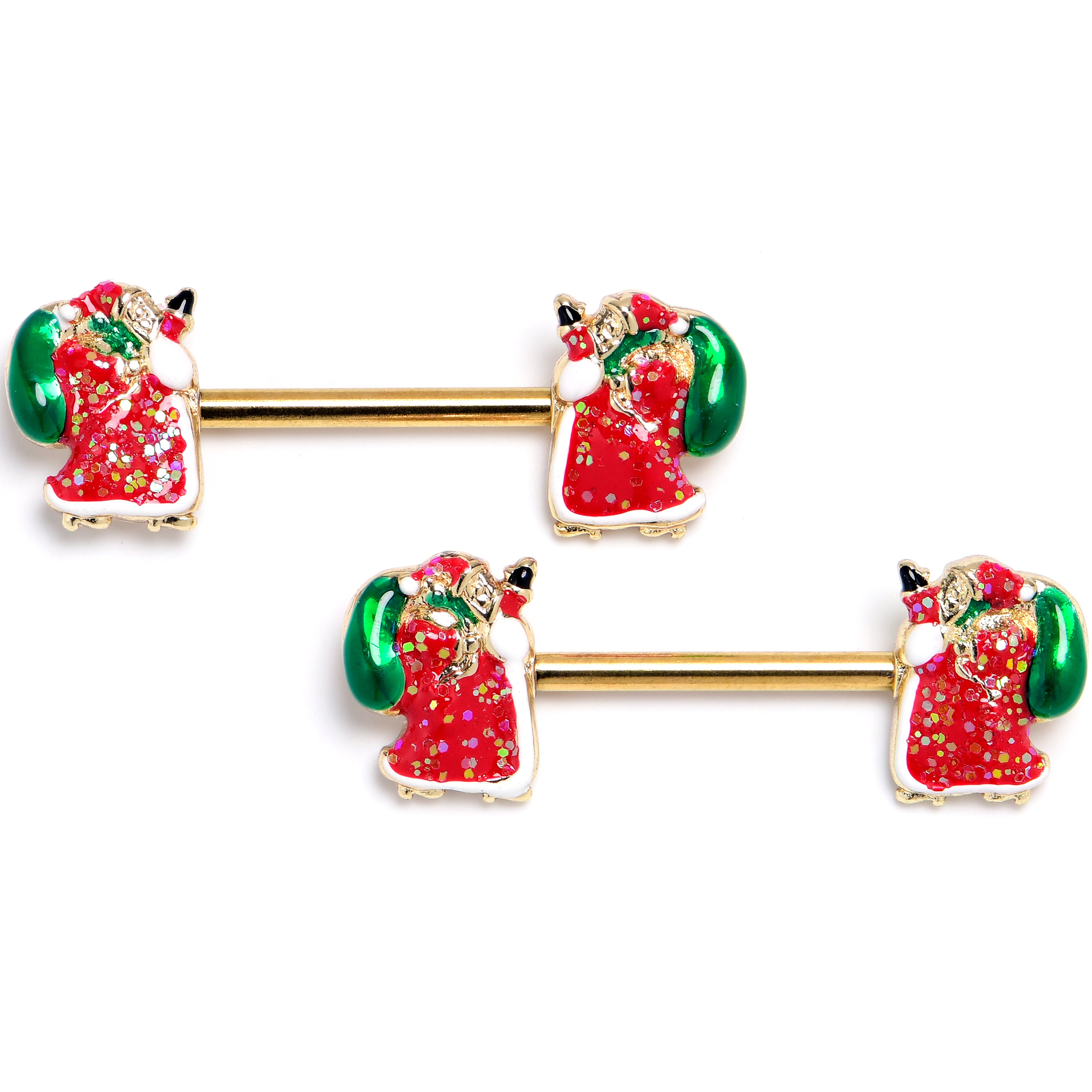 14G 9/16 Gold Tone Glitter Santa Red Barbell Nipple Ring Set
