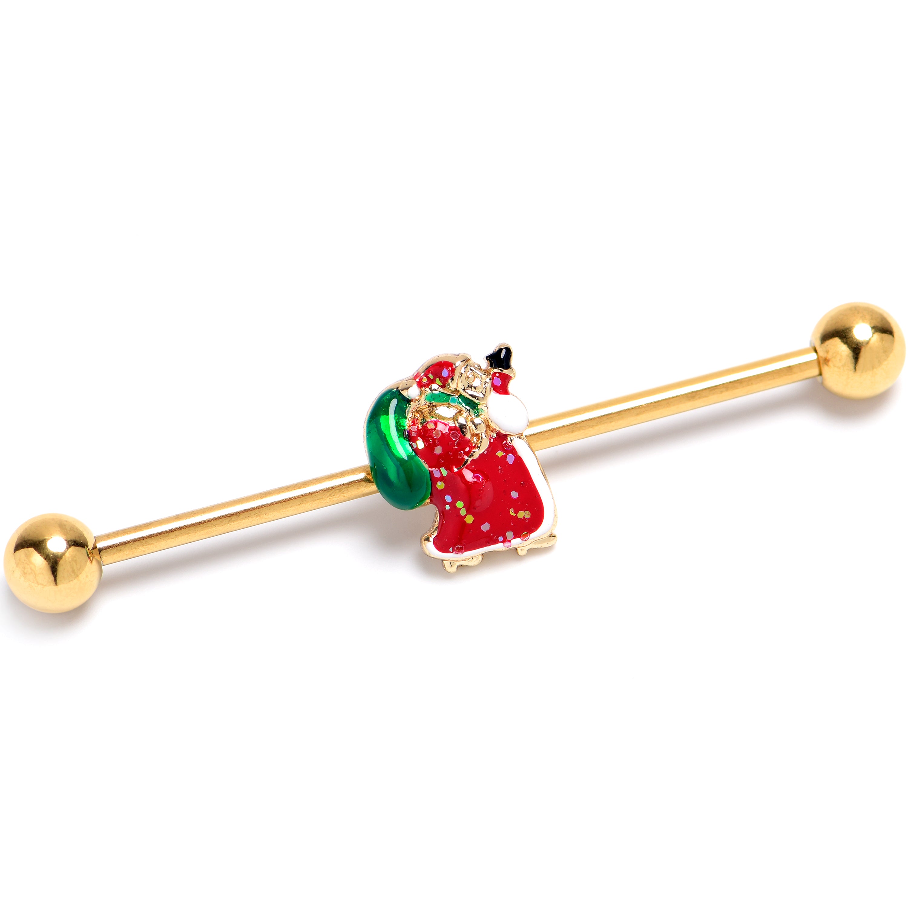 14G Gold Tone Glitter Santa Red Christmas Industrial Barbell 38mm