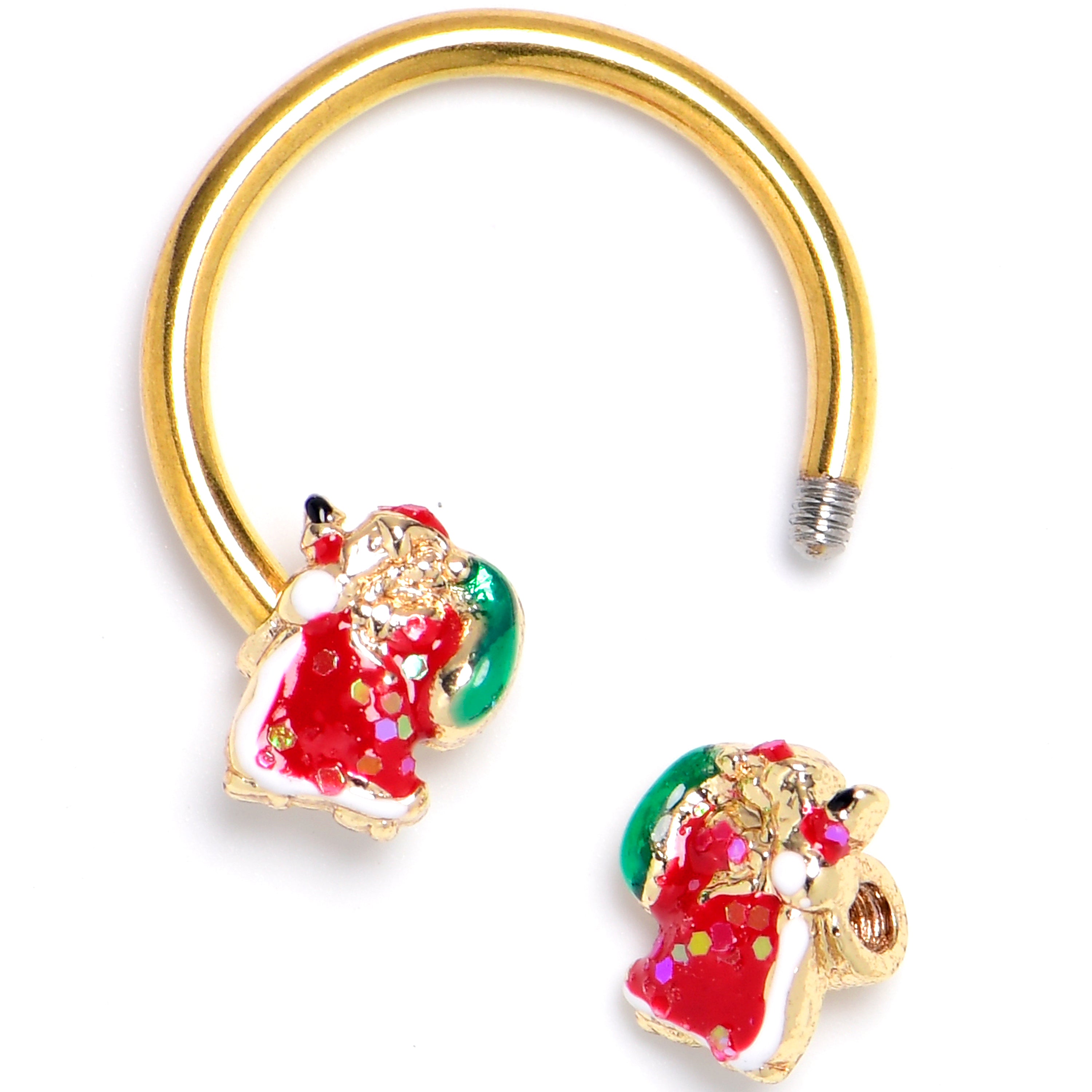 16G 3/8 Gold Tone Glitter Santa Red Horseshoe Circular Barbell