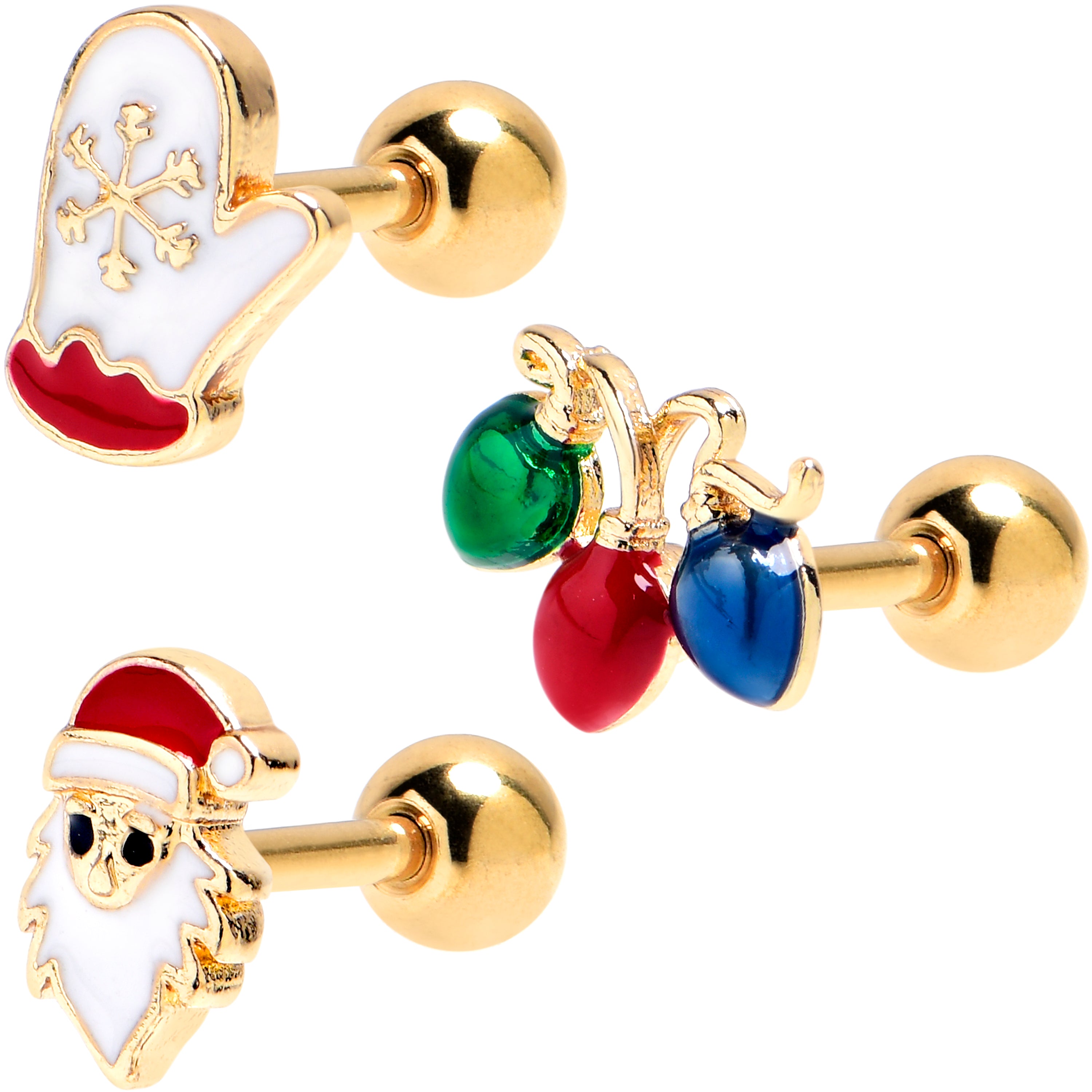 16G 1/4 Gold Tone Santa Mitten Lights Cartilage Tragus Set of 3