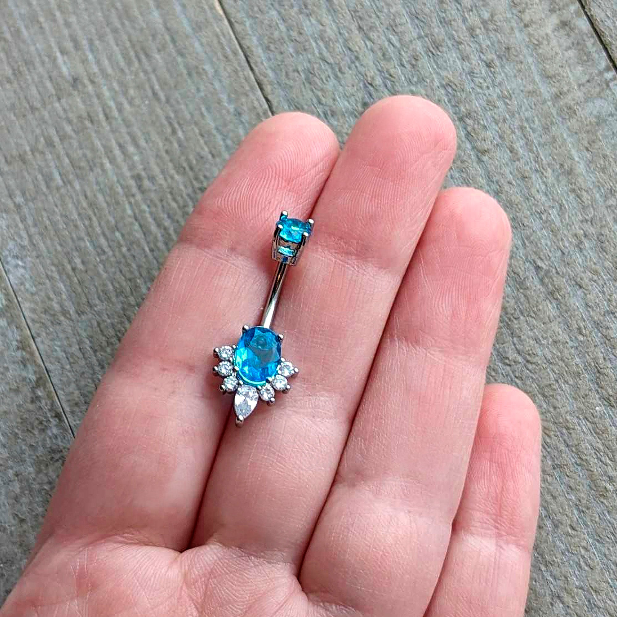 Blue Clear Gem Oh So Ornate Oval Double Mount Belly Ring