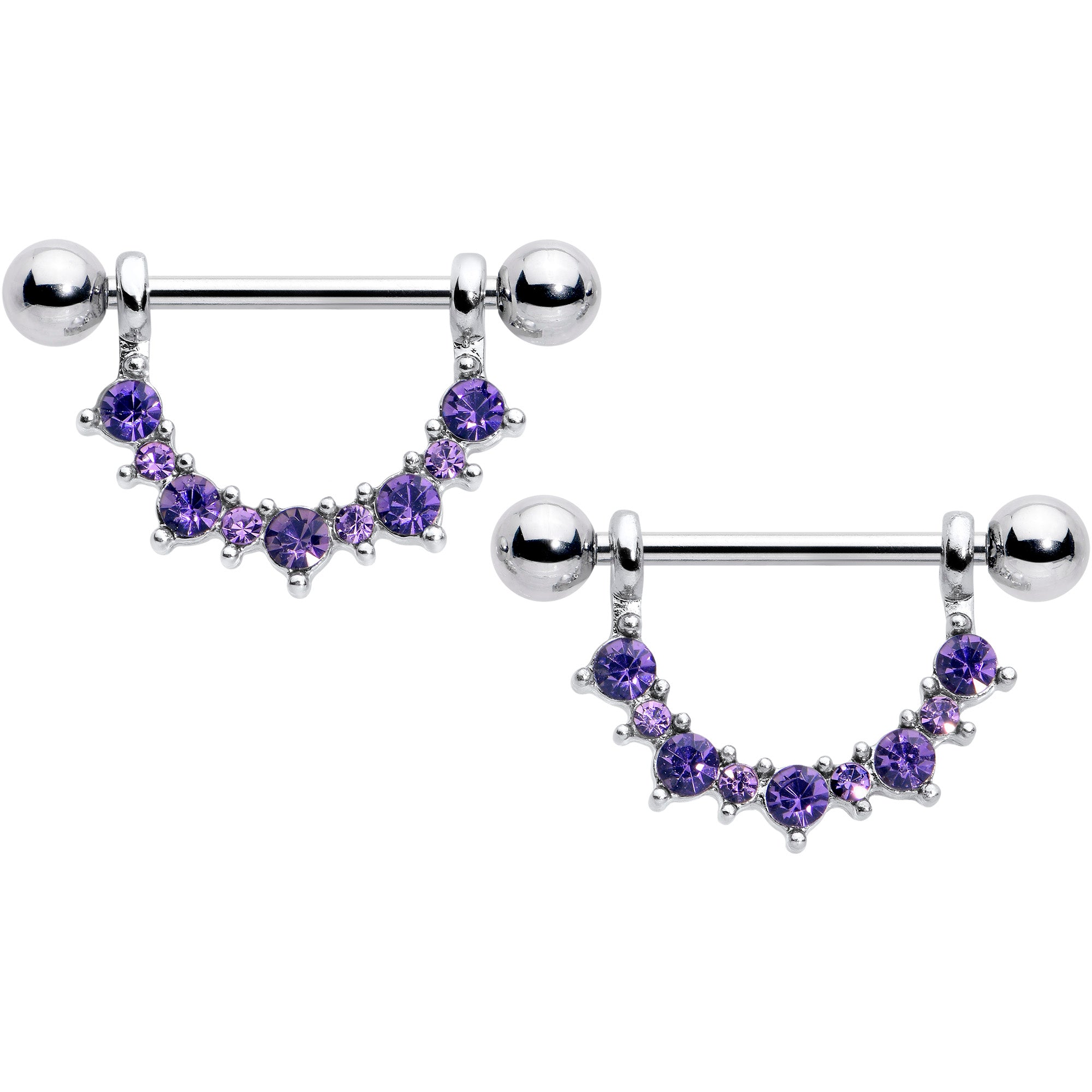 14G 9/16 Purple CZ Gem February Birthstone Dangle Nipple Shield Set