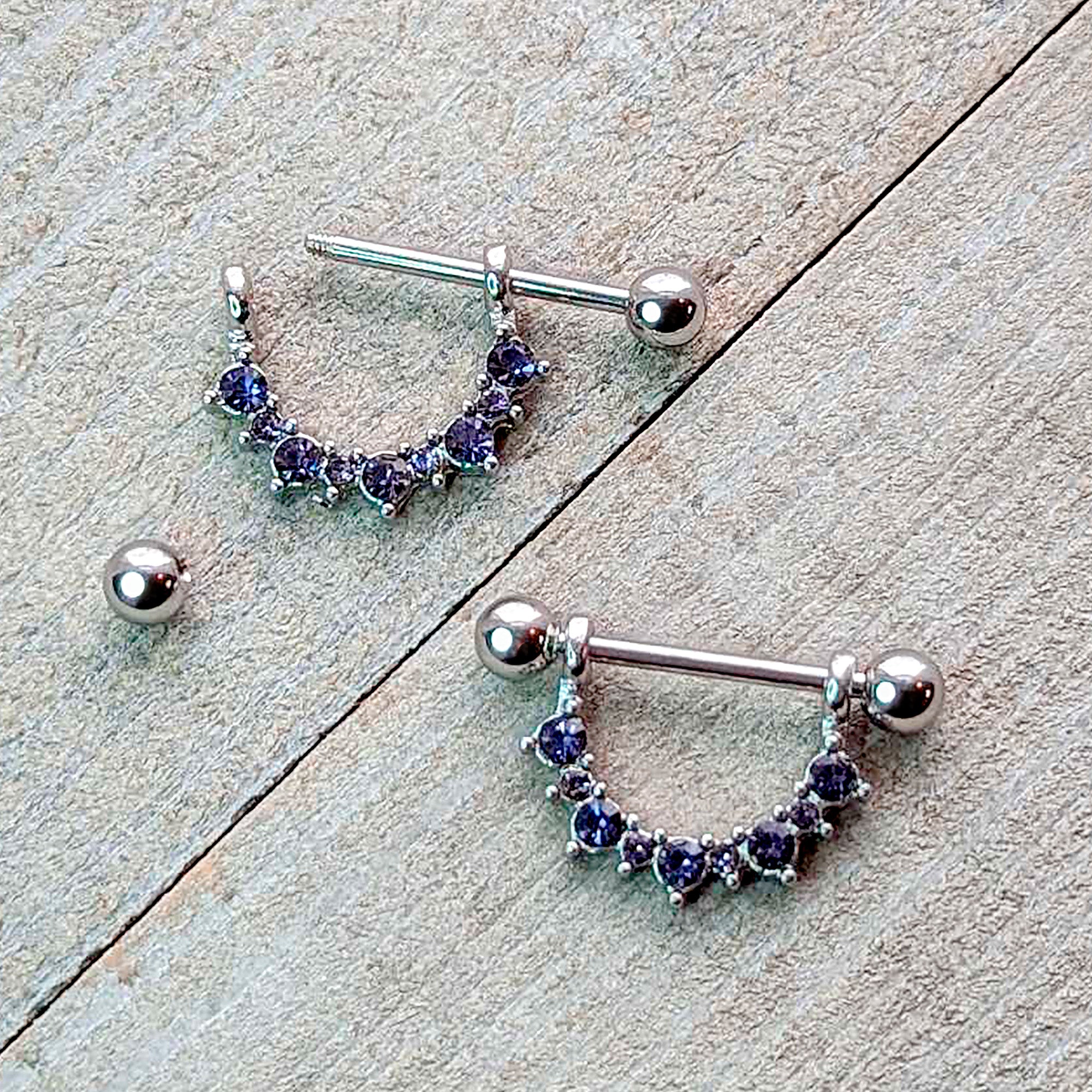 14G 9/16 Purple CZ Gem February Birthstone Dangle Nipple Shield Set