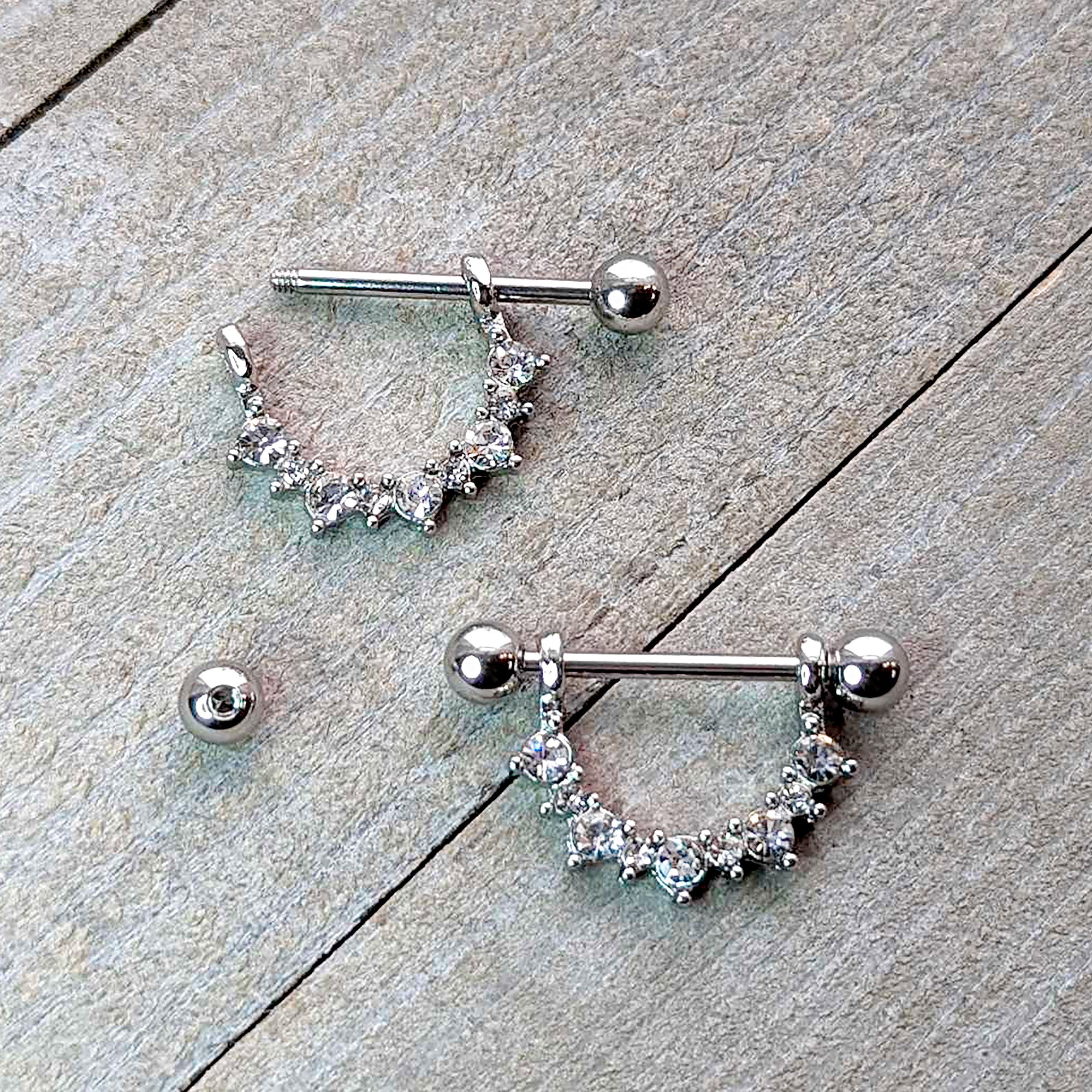 14G 9/16 Clear CZ Gem April Birthstone Dangle Nipple Shield Set