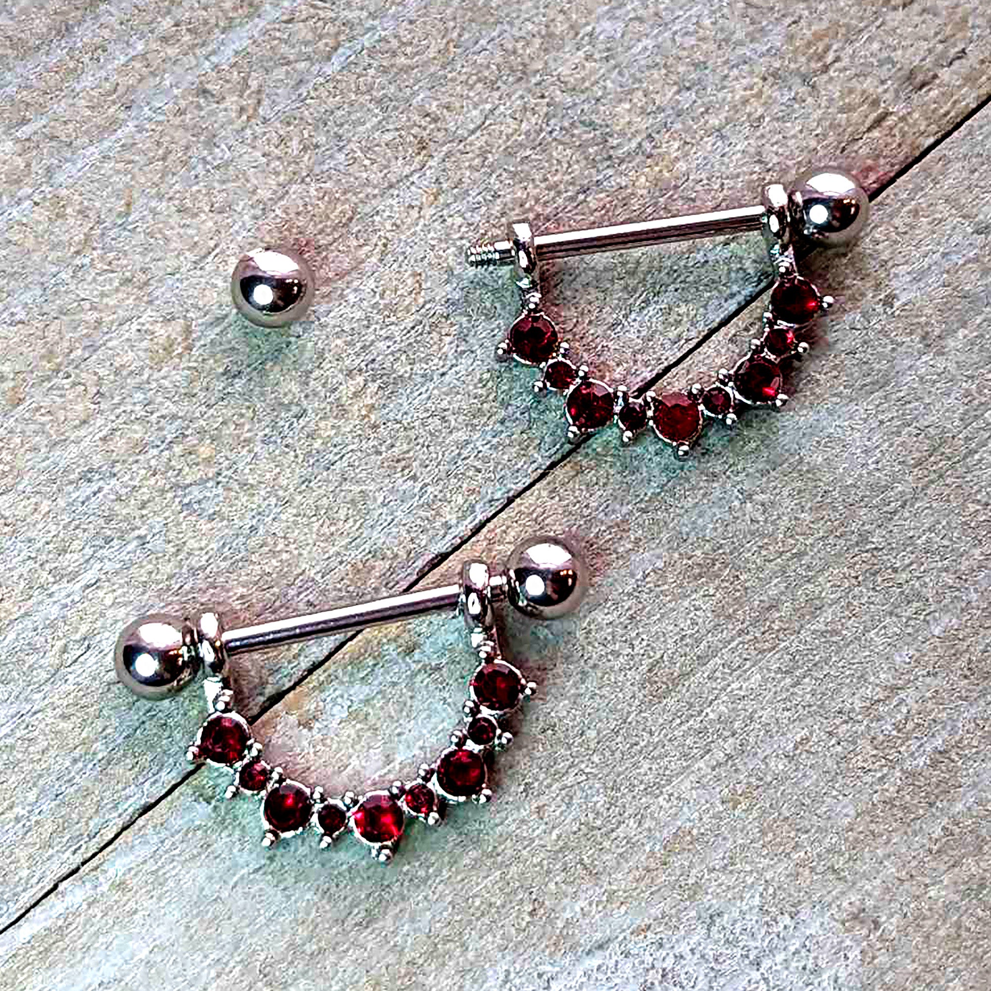 14G 9/16 Red CZ Gem July Birthstone Dangle Nipple Shield Set