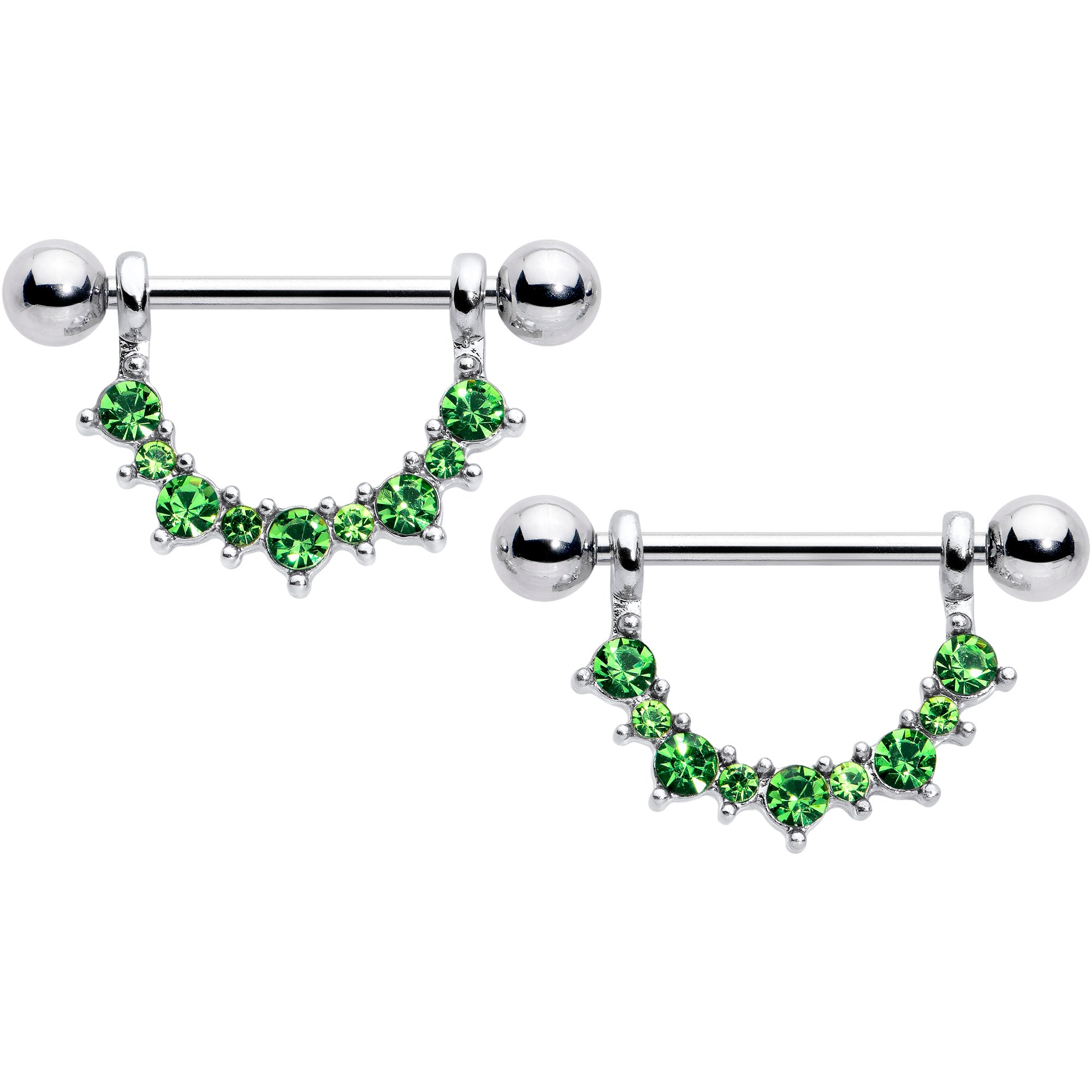 14G 9/16 Green CZ Gem August Birthstone Dangle Nipple Shield Set