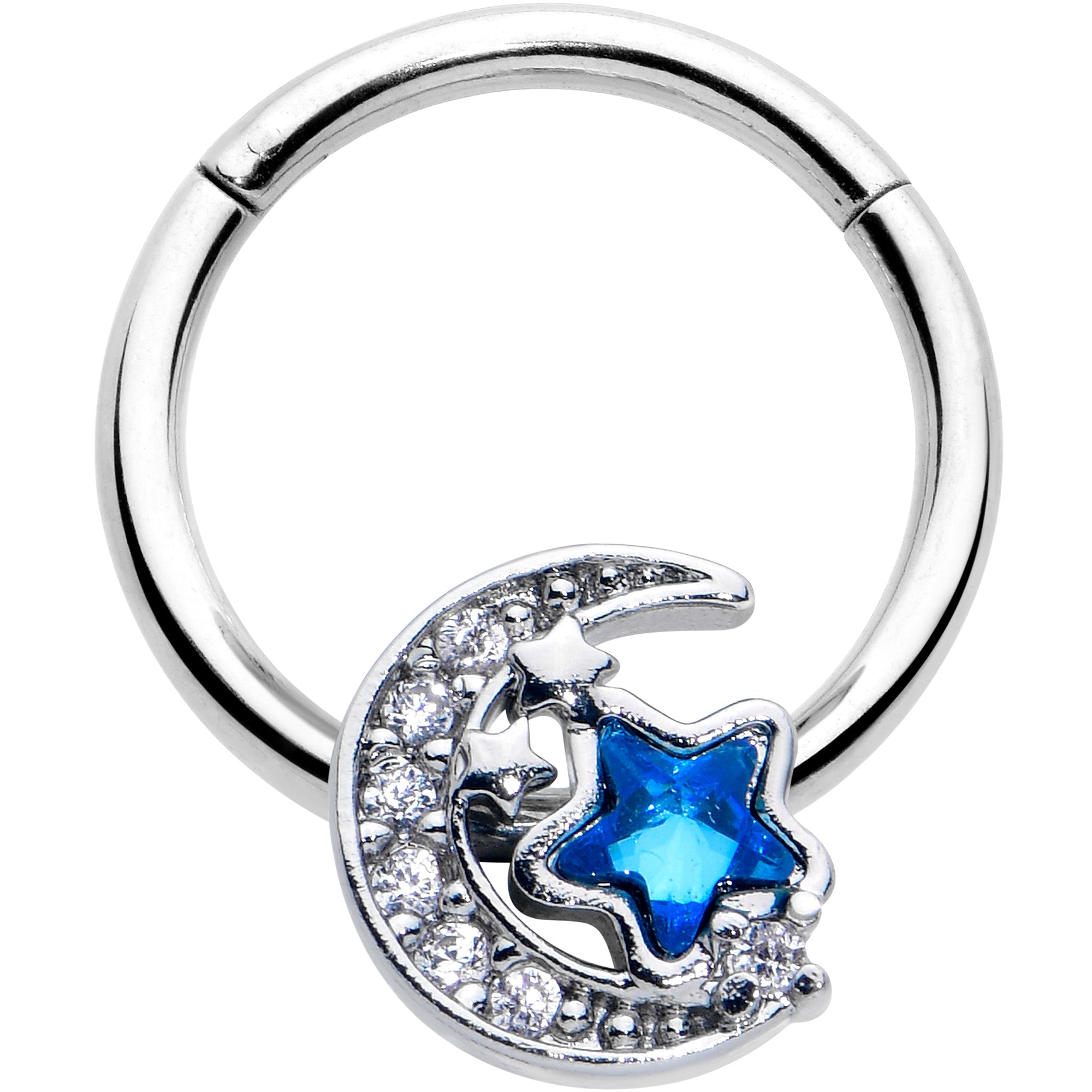 16G 3/8 Blue CZ Gem Starry Night Sky Hinged Segment Ring