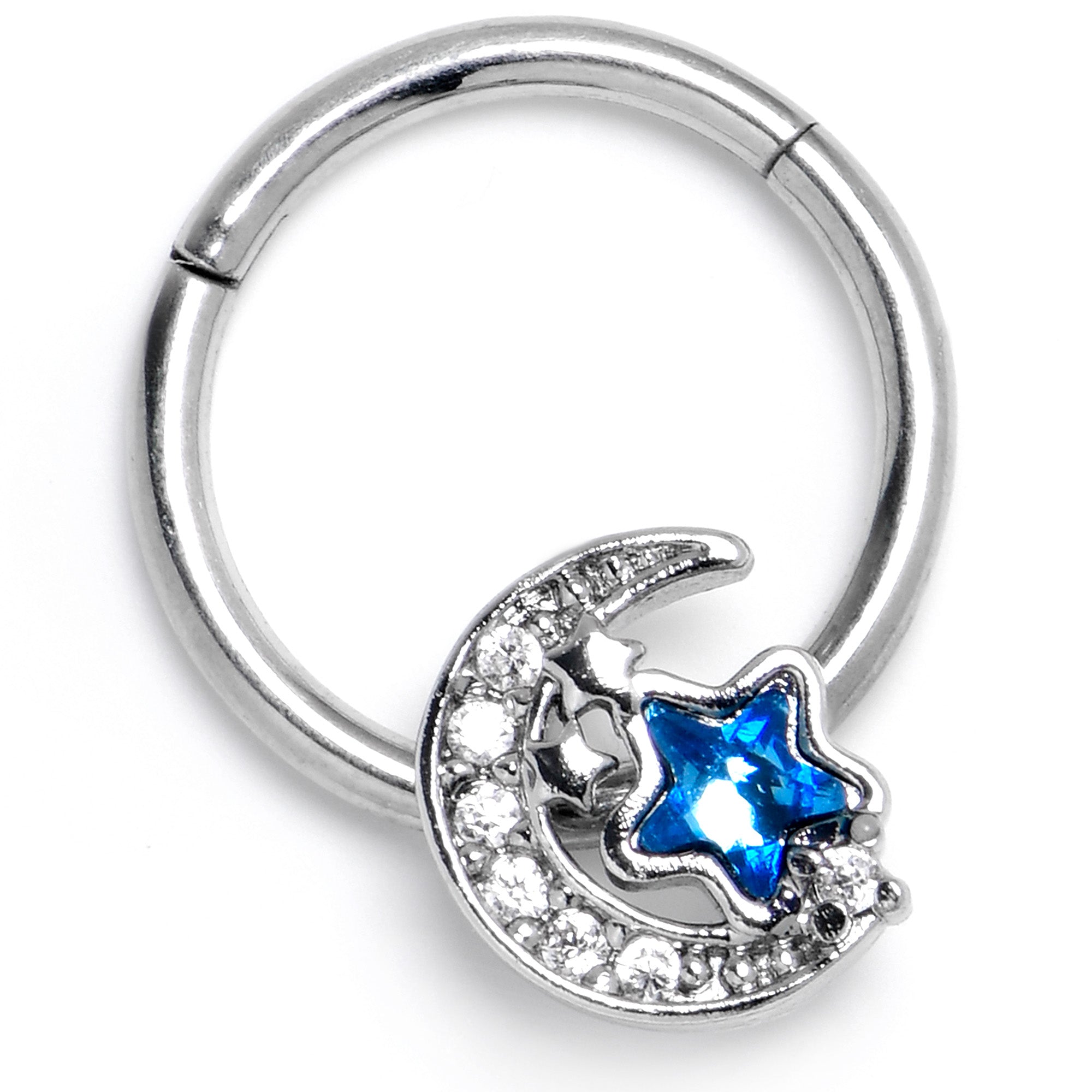16G 3/8 Blue CZ Gem Starry Night Sky Hinged Segment Ring