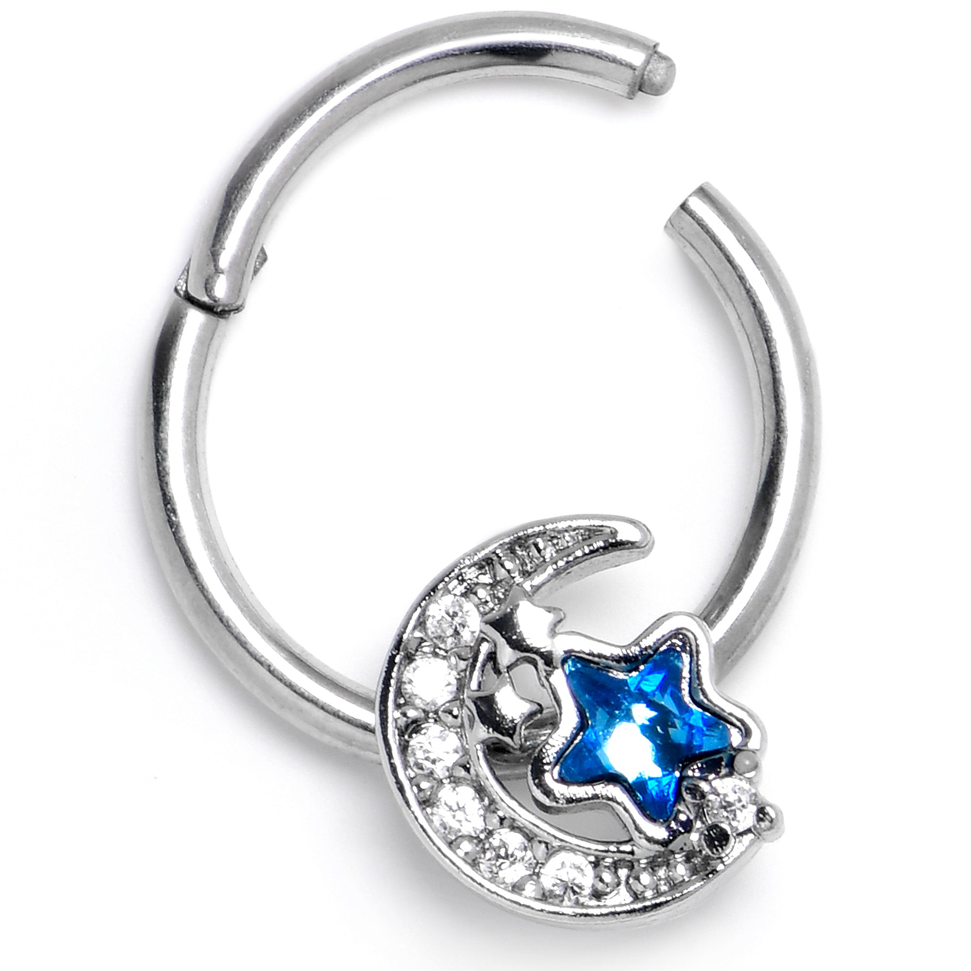 16G 3/8 Blue CZ Gem Starry Night Sky Hinged Segment Ring