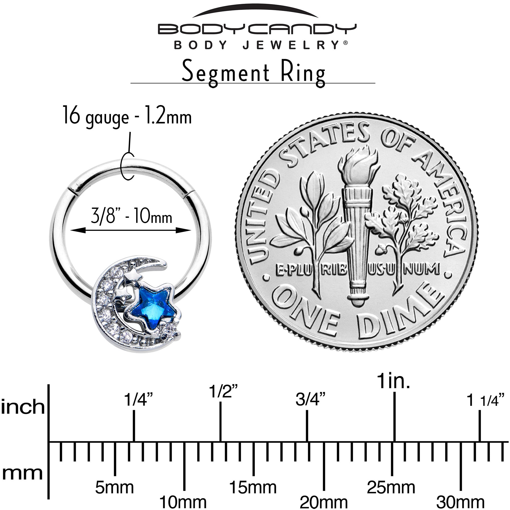 16G 3/8 Blue CZ Gem Starry Night Sky Hinged Segment Ring