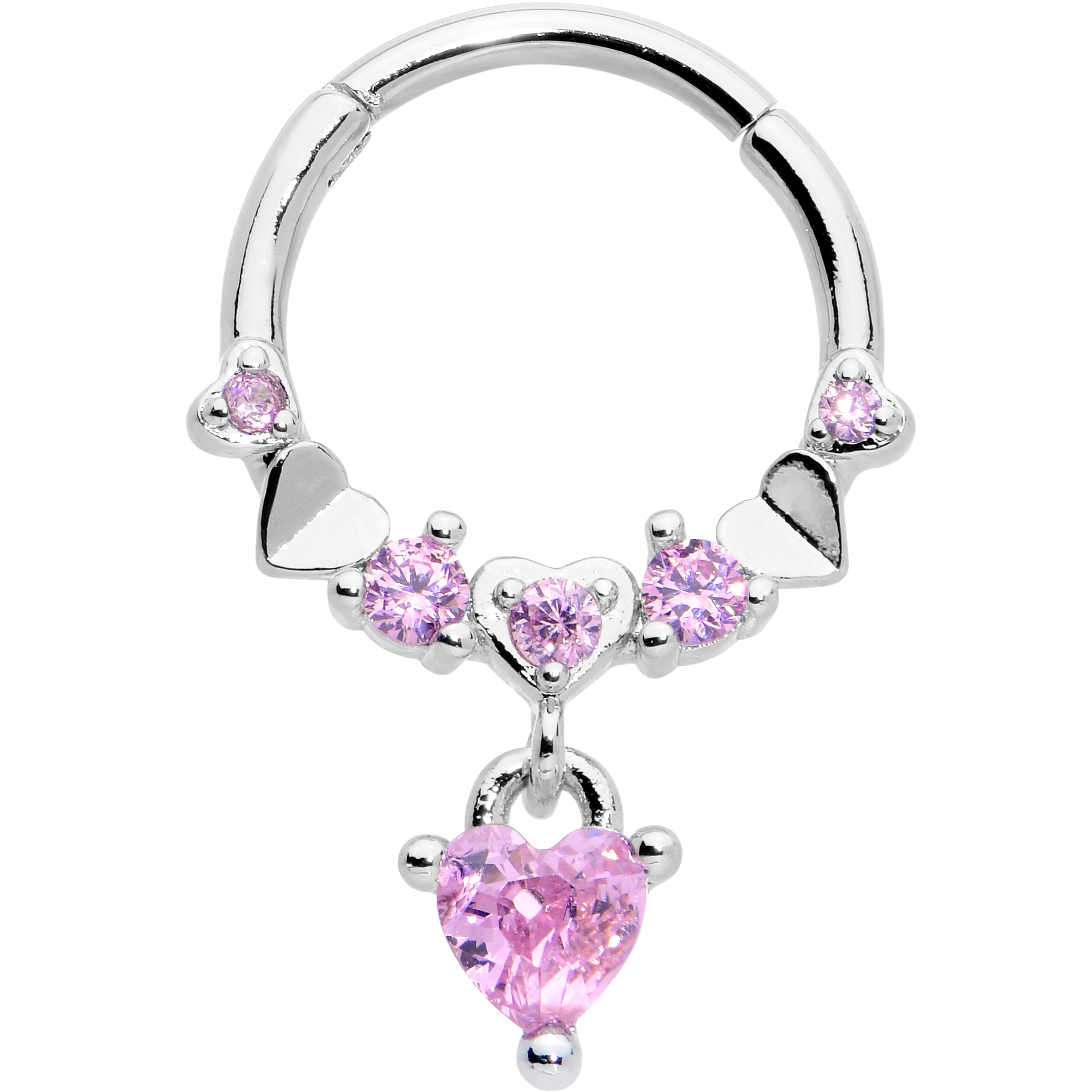 16G 3/8 Pink CZ Gem Love Heart Dangle Hinged Segment Ring