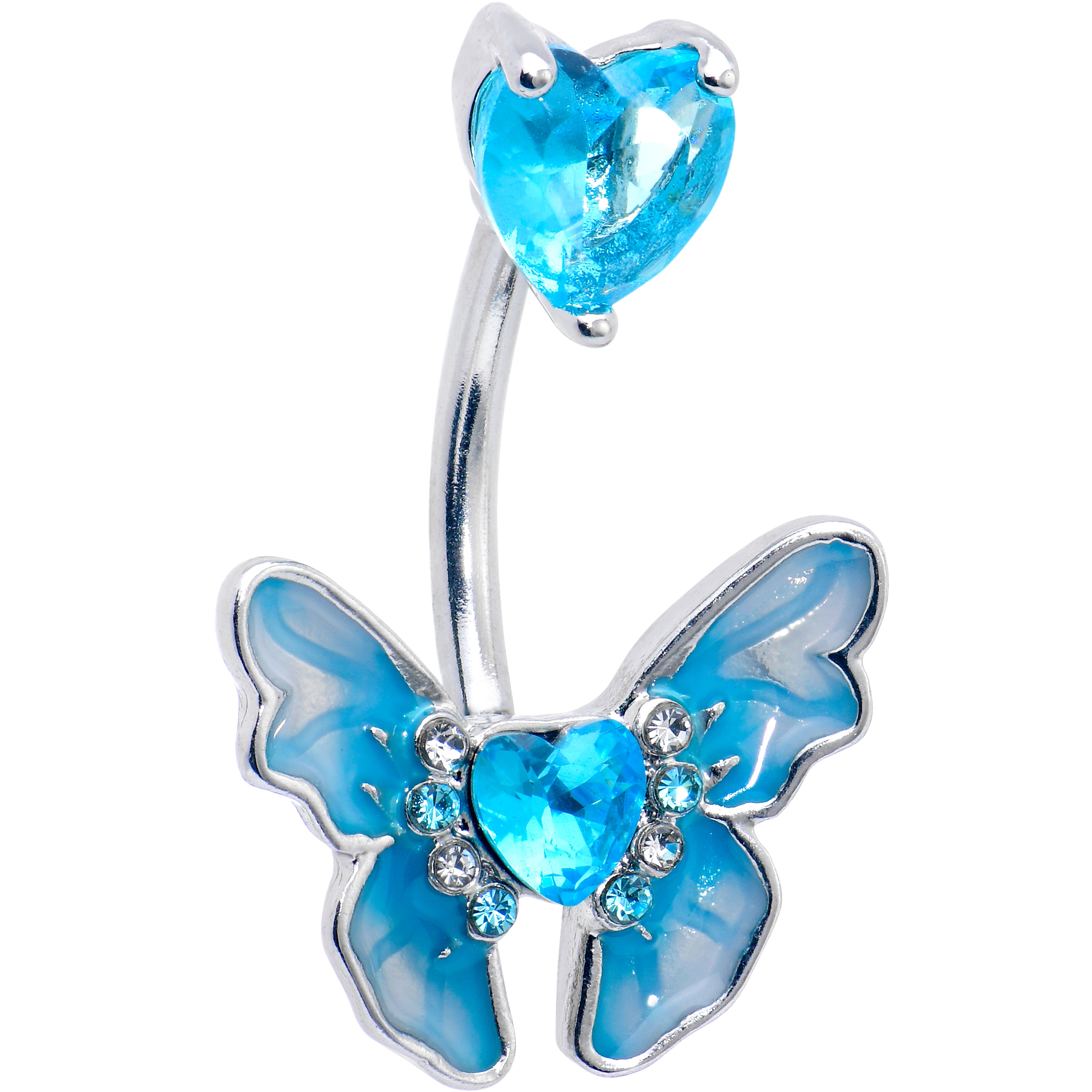 Aqua CZ Gem Butterfly Love Heart Double Mount Belly Ring