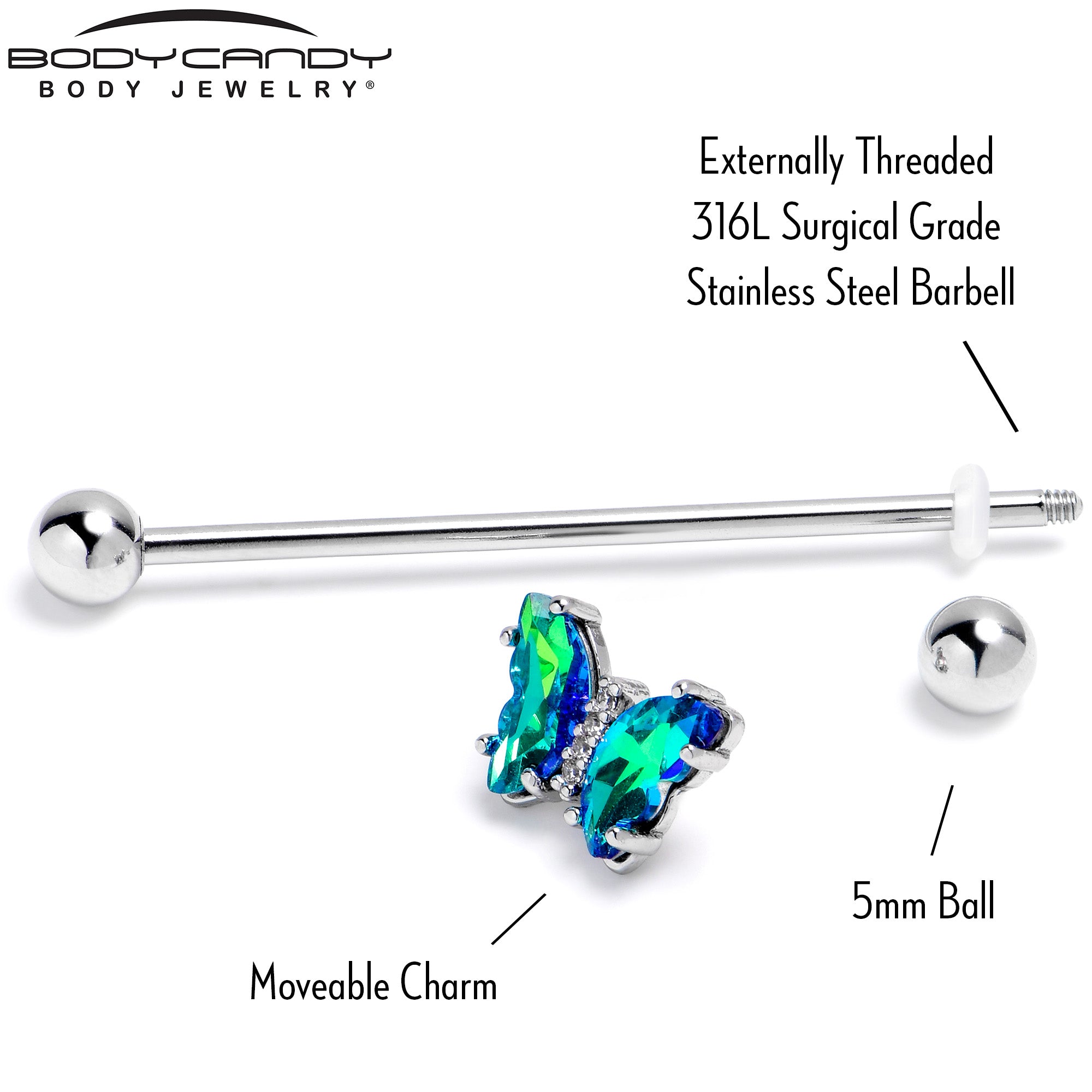 14G Green CZ Gem Simply Colorful Butterfly Industrial Barbell 38mm