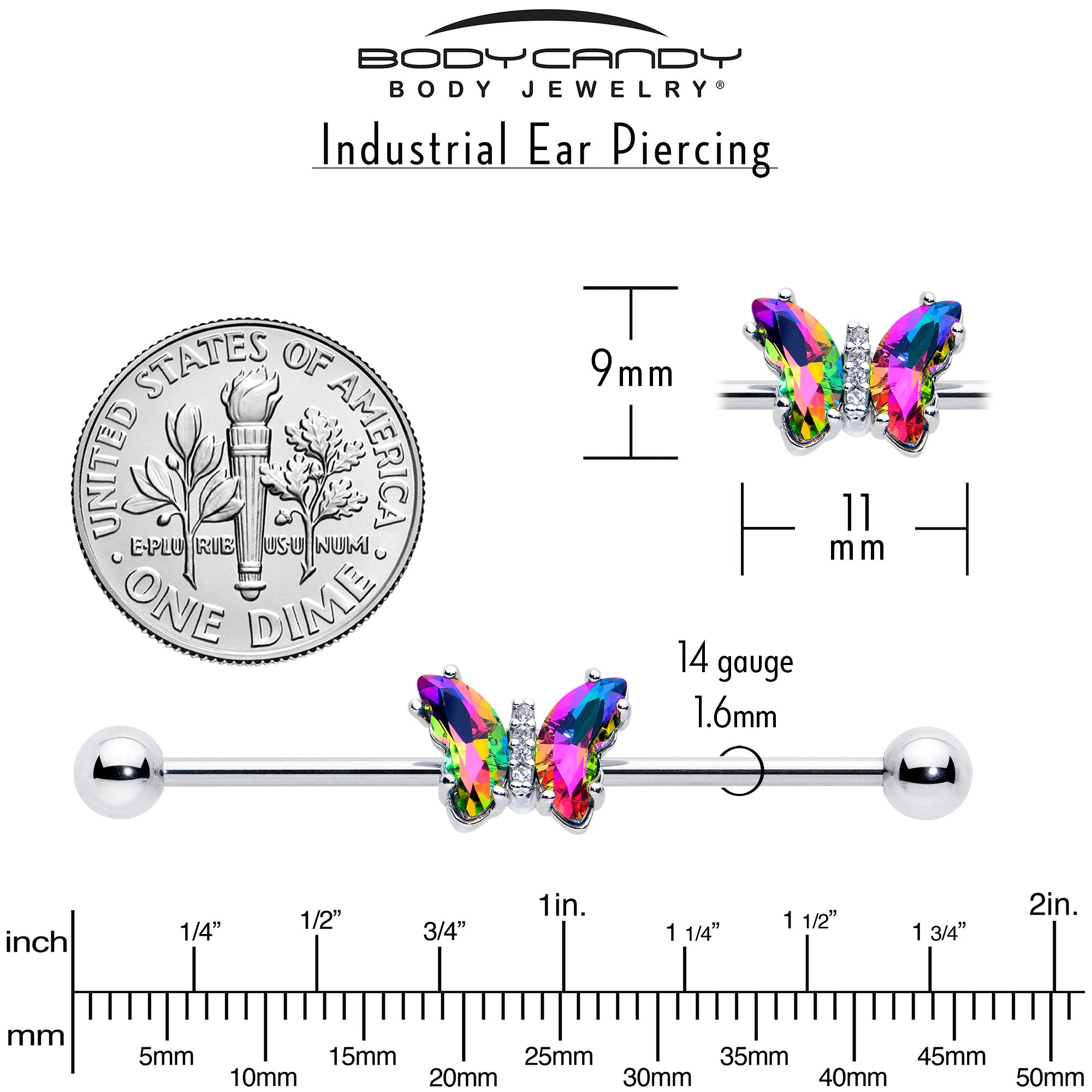 14G Rainbow CZ Gem Simply Colorful Butterfly Industrial Barbell 38mm