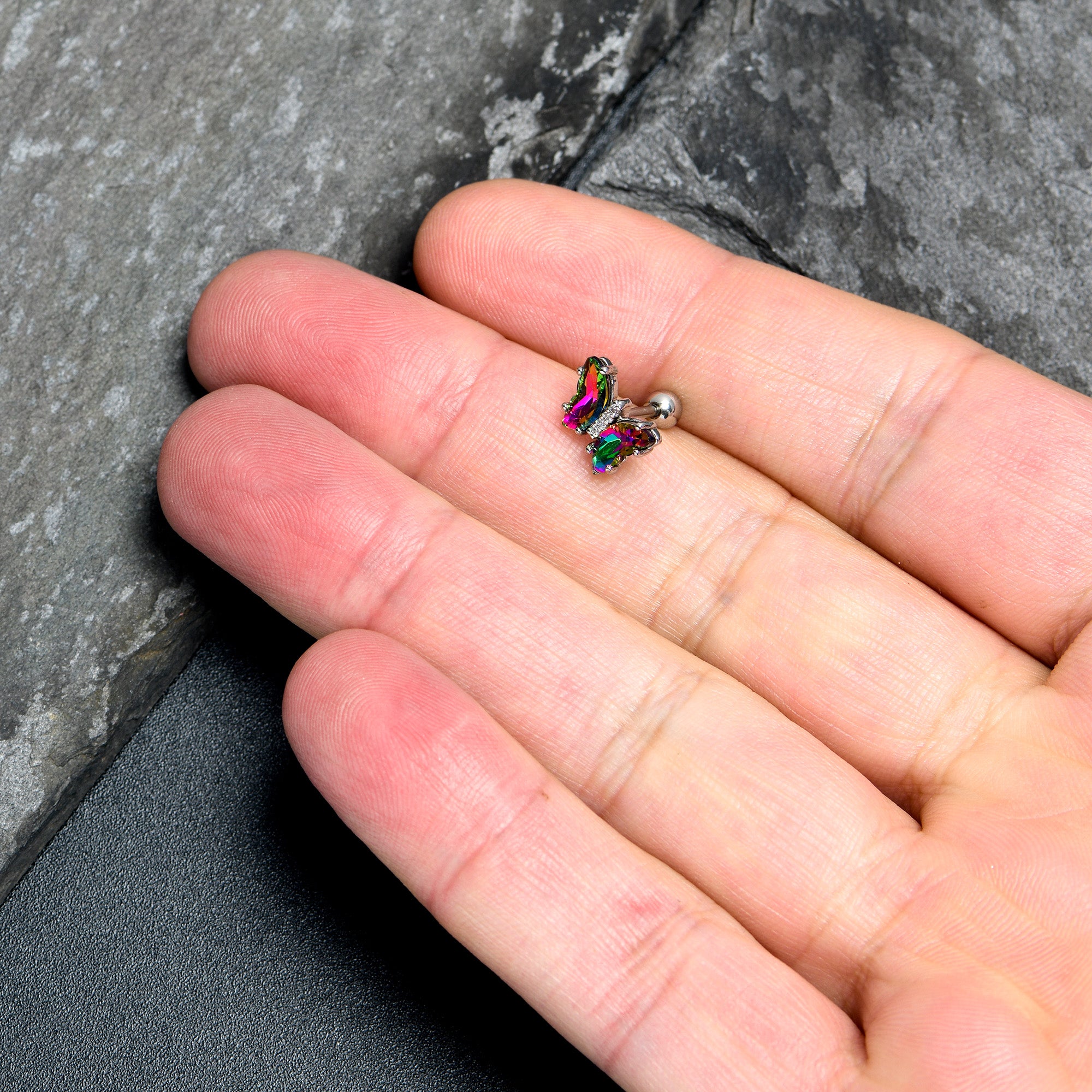 16G 1/4 Rainbow CZ Gem Simply Colorful Butterfly Cartilage Earring