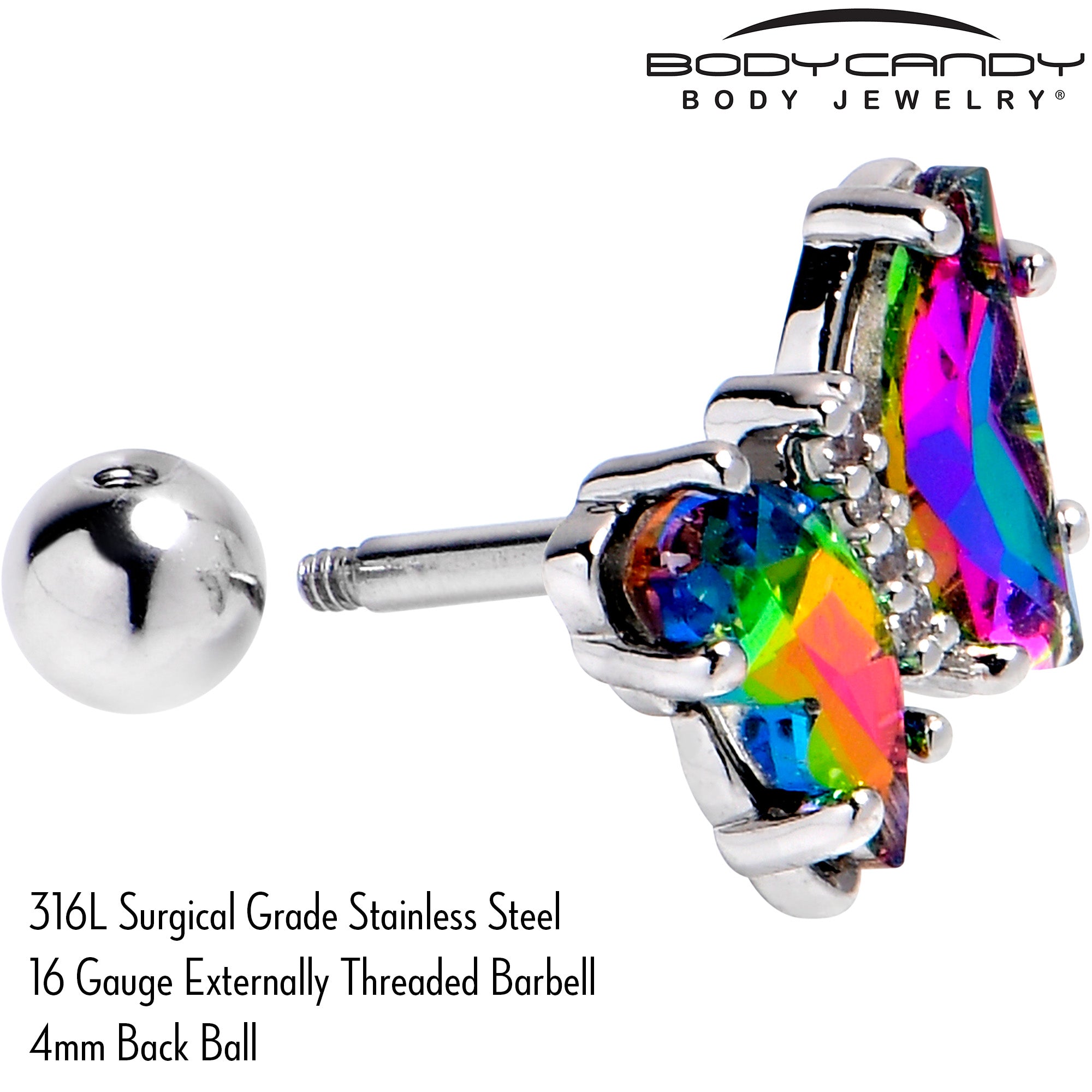 16G 1/4 Rainbow CZ Gem Simply Colorful Butterfly Cartilage Earring