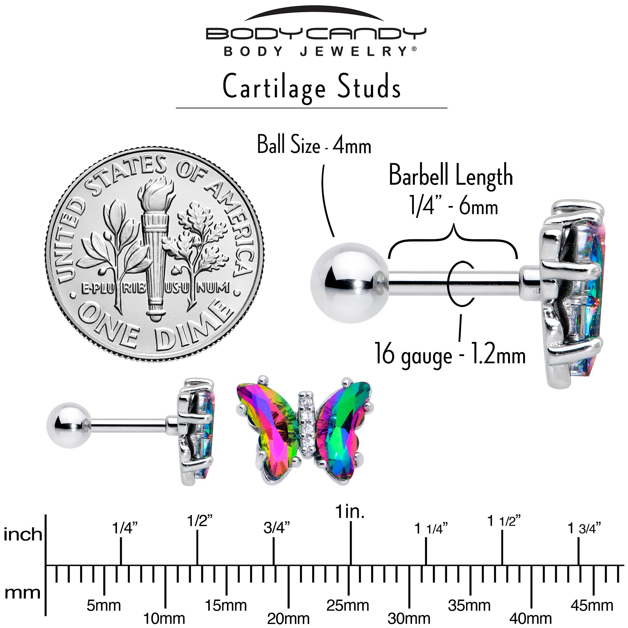 16G 1/4 Rainbow CZ Gem Simply Colorful Butterfly Cartilage Earring