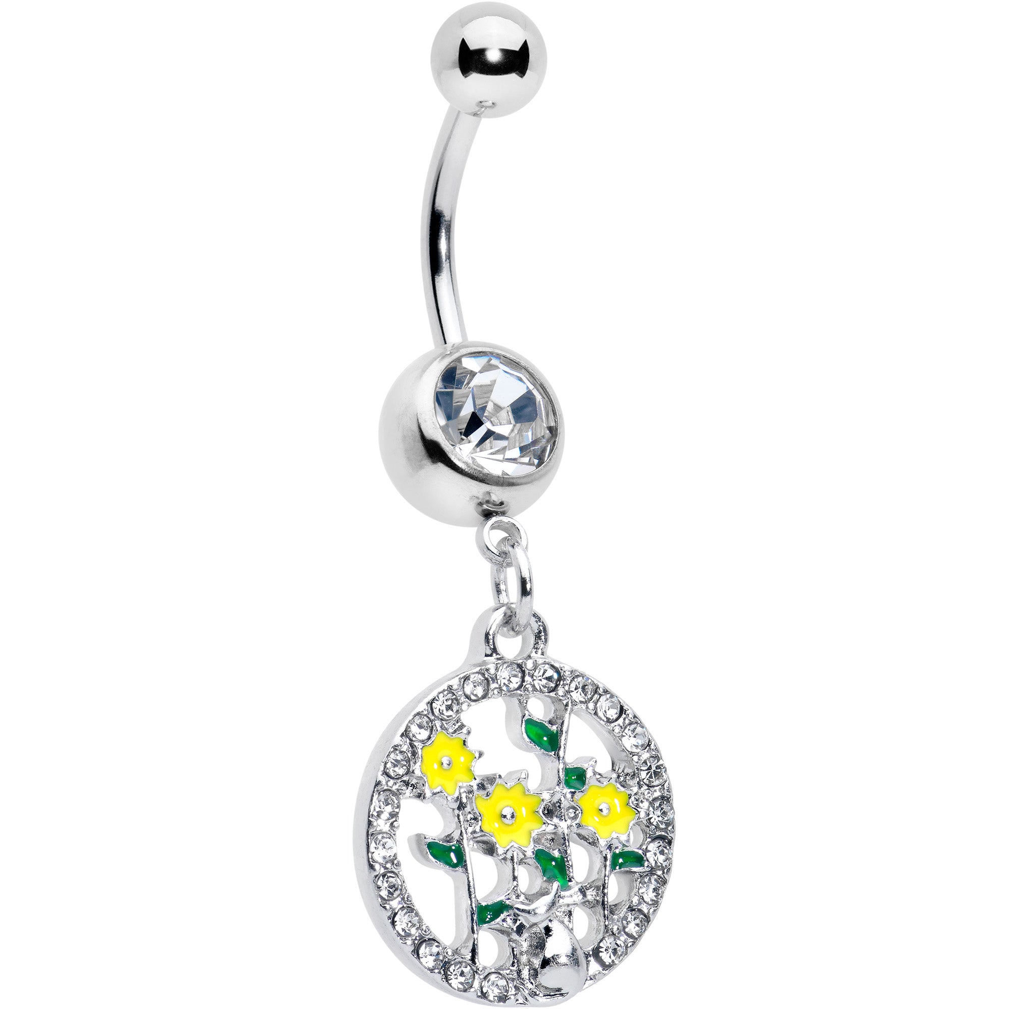 Clear Gem Cat Yellow Flowers Dangle Belly Ring