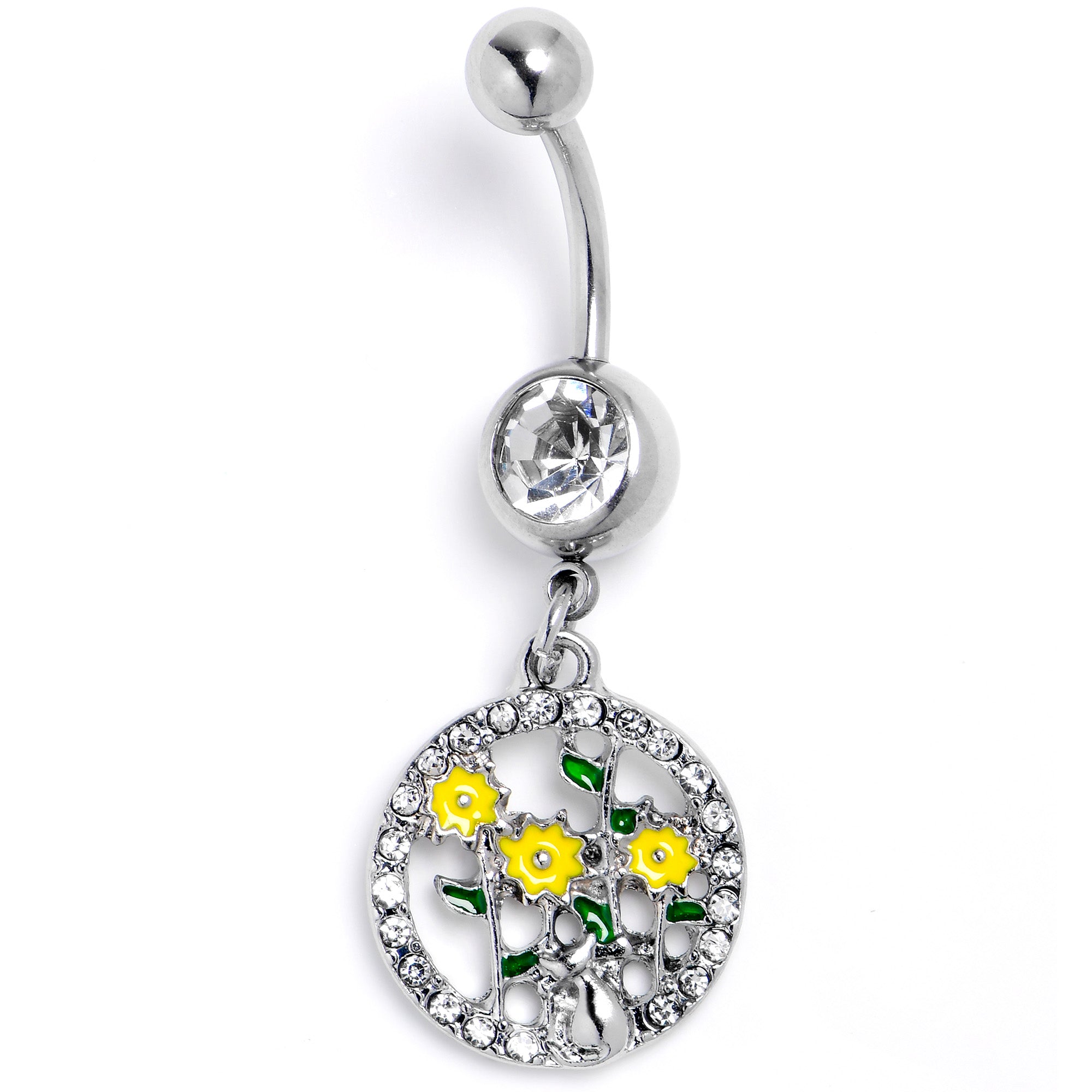 Clear Gem Cat Yellow Flowers Dangle Belly Ring