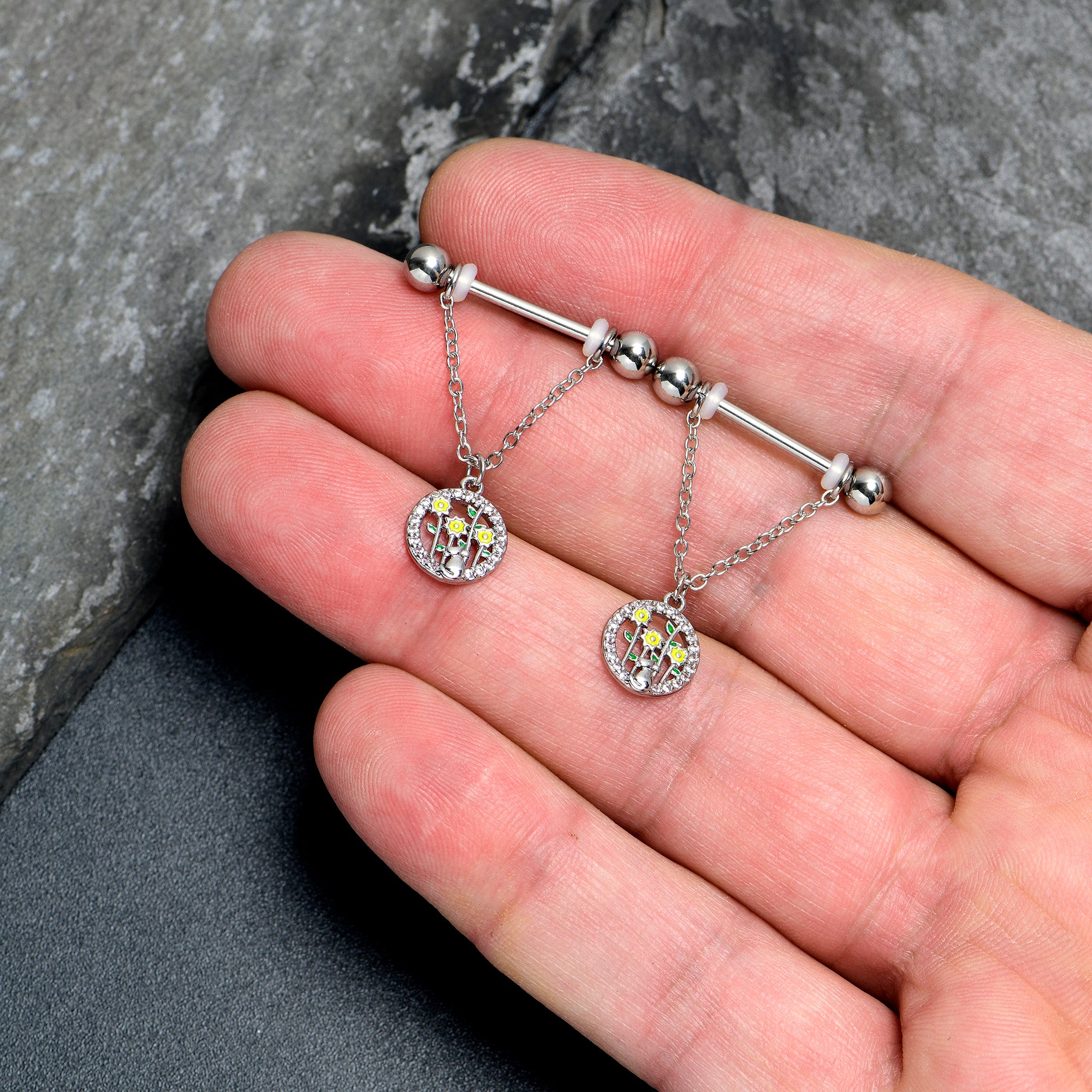 14G 9/16 Clear Gem Cat Yellow Flowers Chain Dangle Nipple Ring Set