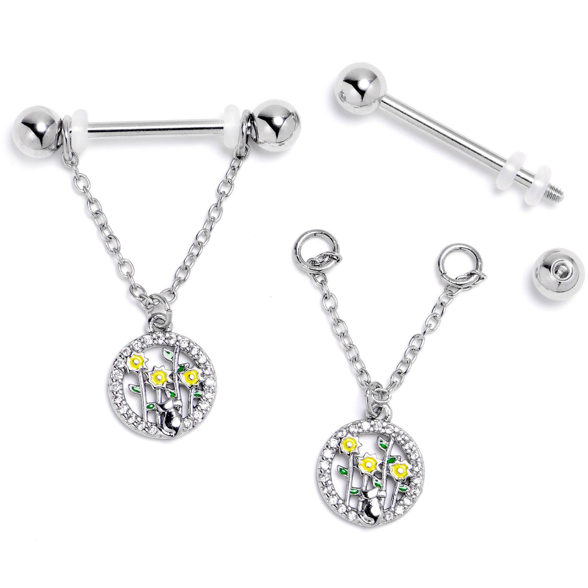 14G 9/16 Clear Gem Cat Yellow Flowers Chain Dangle Nipple Ring Set