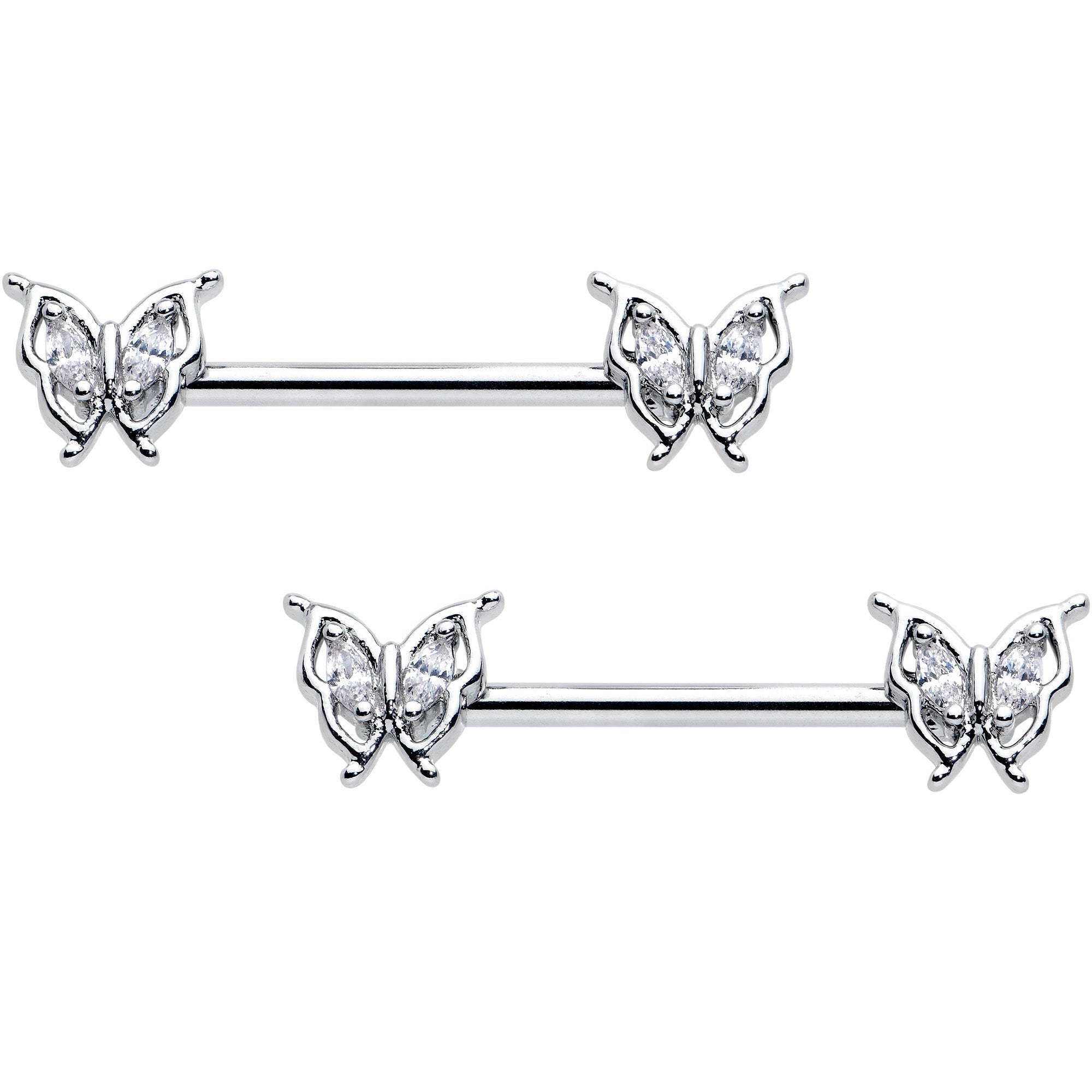 14G 9/16 Clear Gem Fancy Fab Butterfly Barbell Nipple Ring Set
