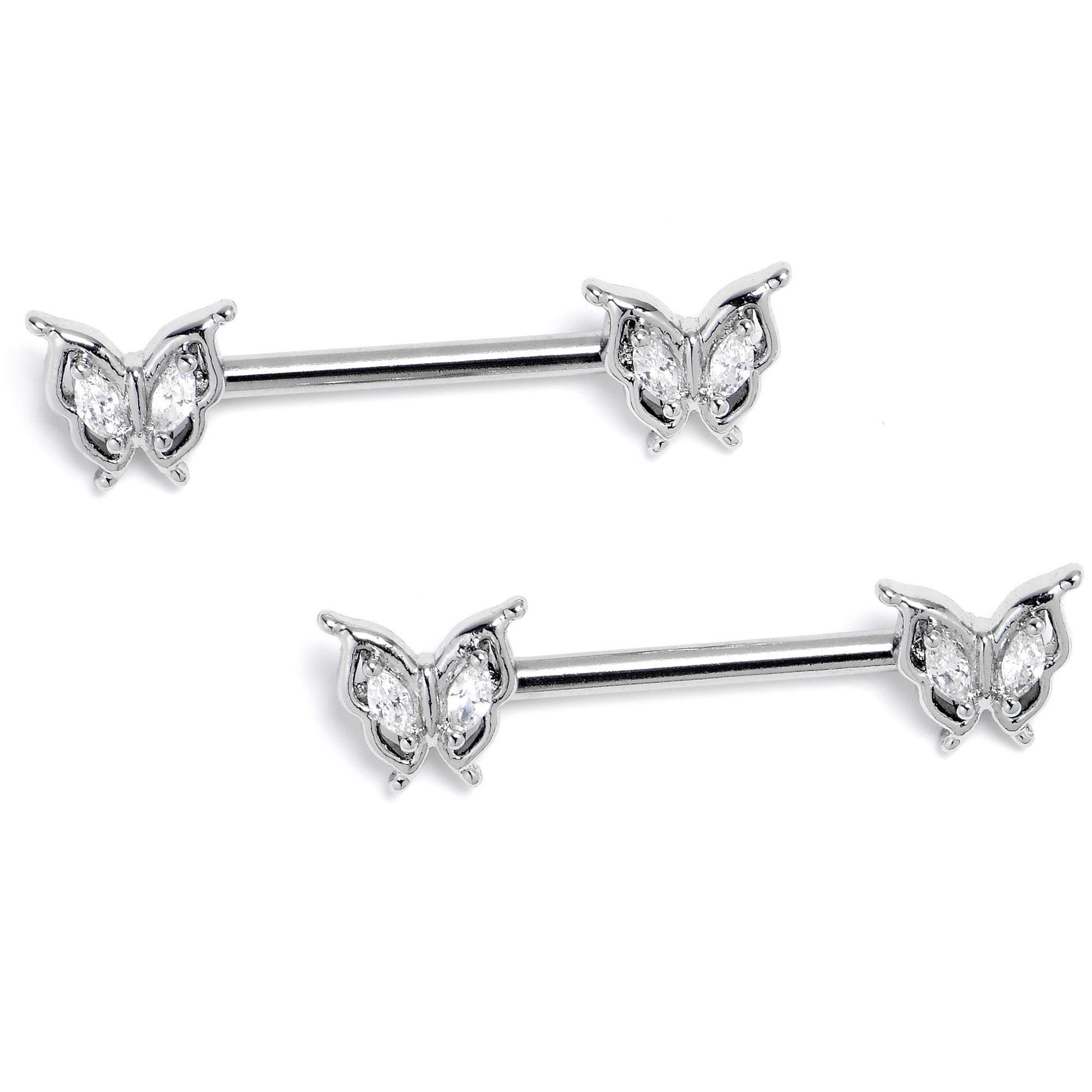 14G 9/16 Clear Gem Fancy Fab Butterfly Barbell Nipple Ring Set