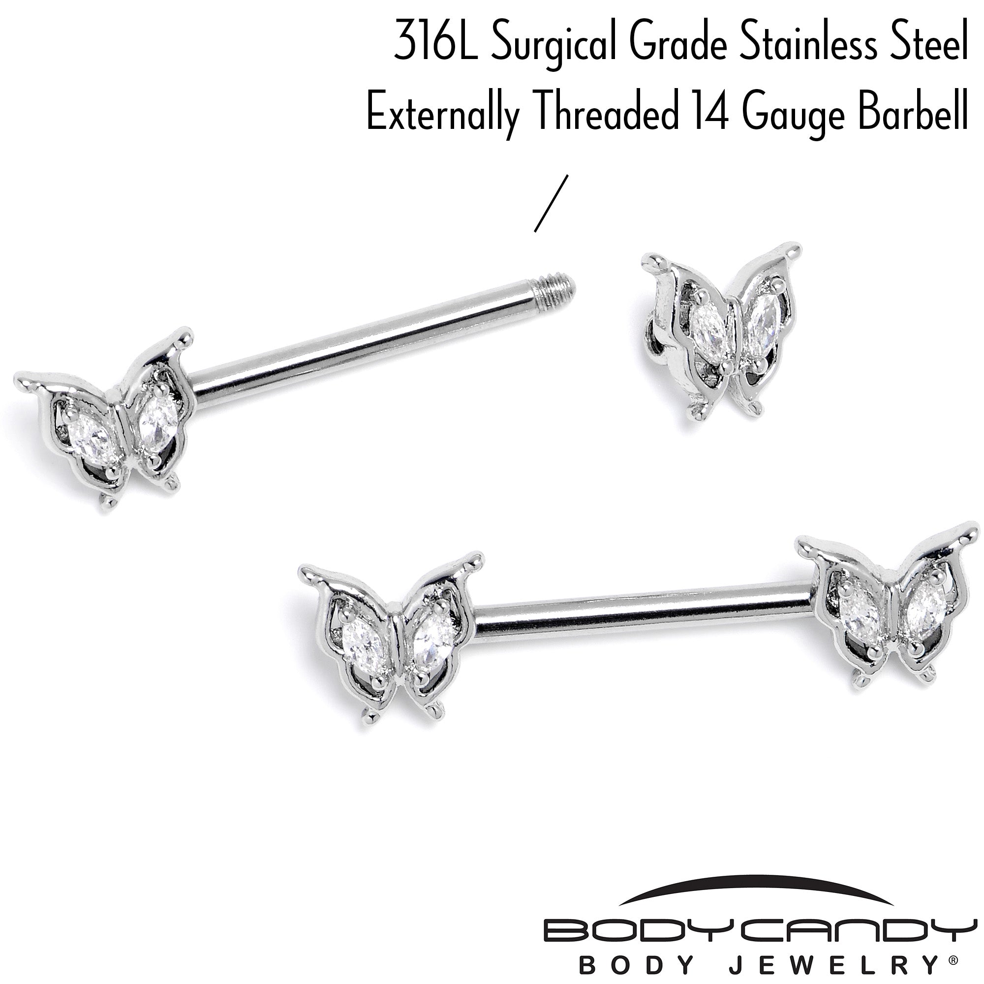 14G 9/16 Clear Gem Fancy Fab Butterfly Barbell Nipple Ring Set