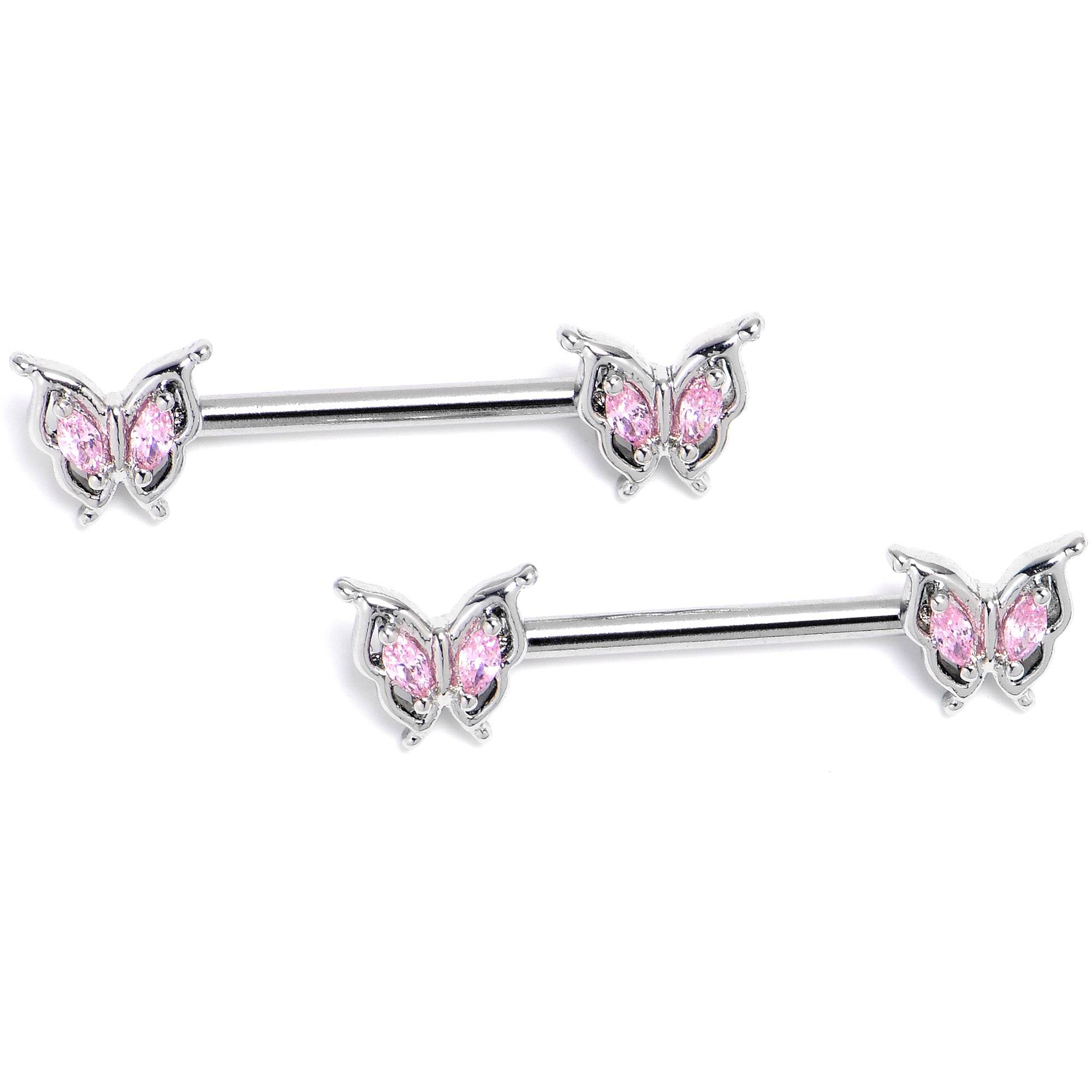 14 Gauge 9/16 Pink Gem Fancy Fab Butterfly Barbell Nipple Ring Set