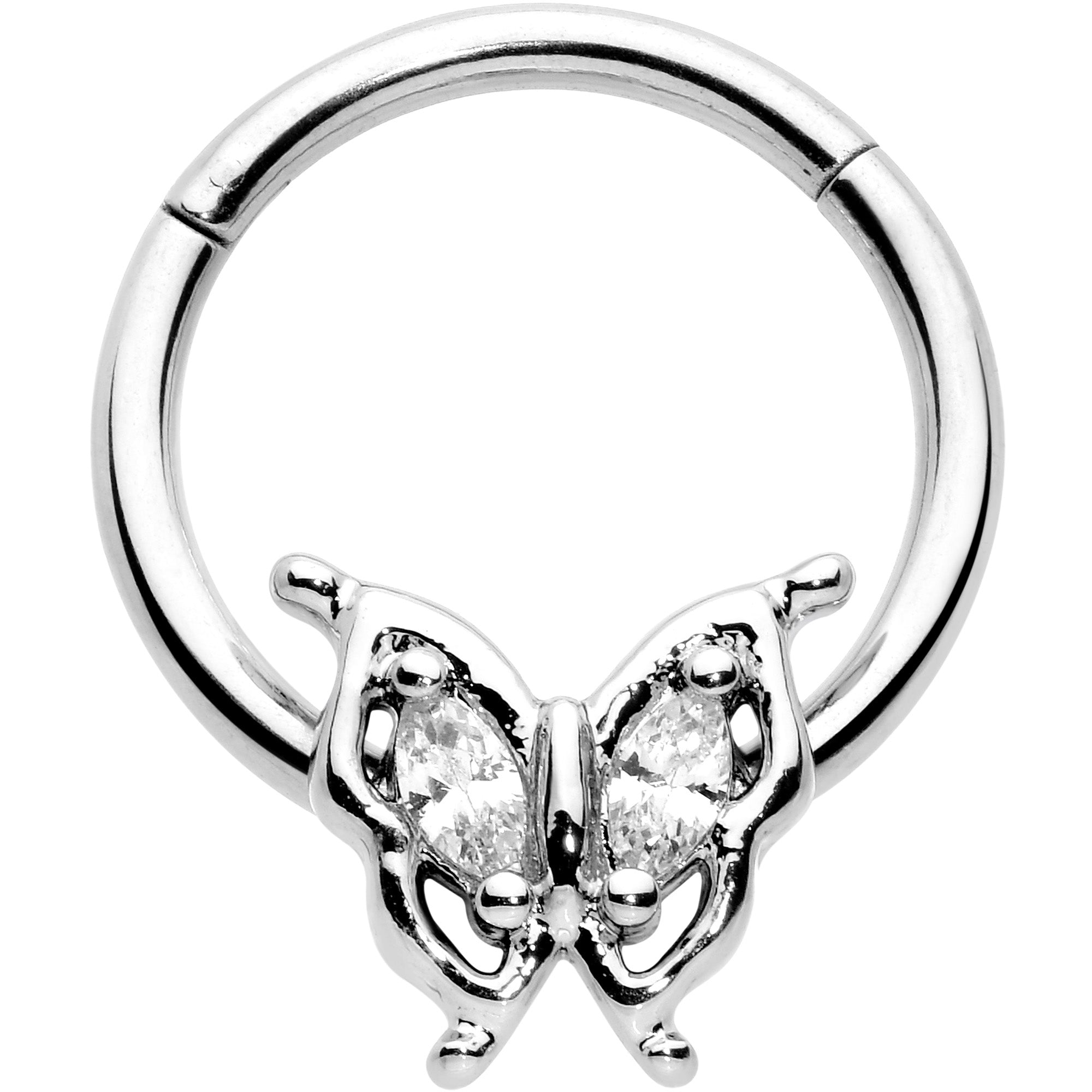 16G 3/8 Clear Gem Fancy Fab Butterfly Hinged Segment Ring