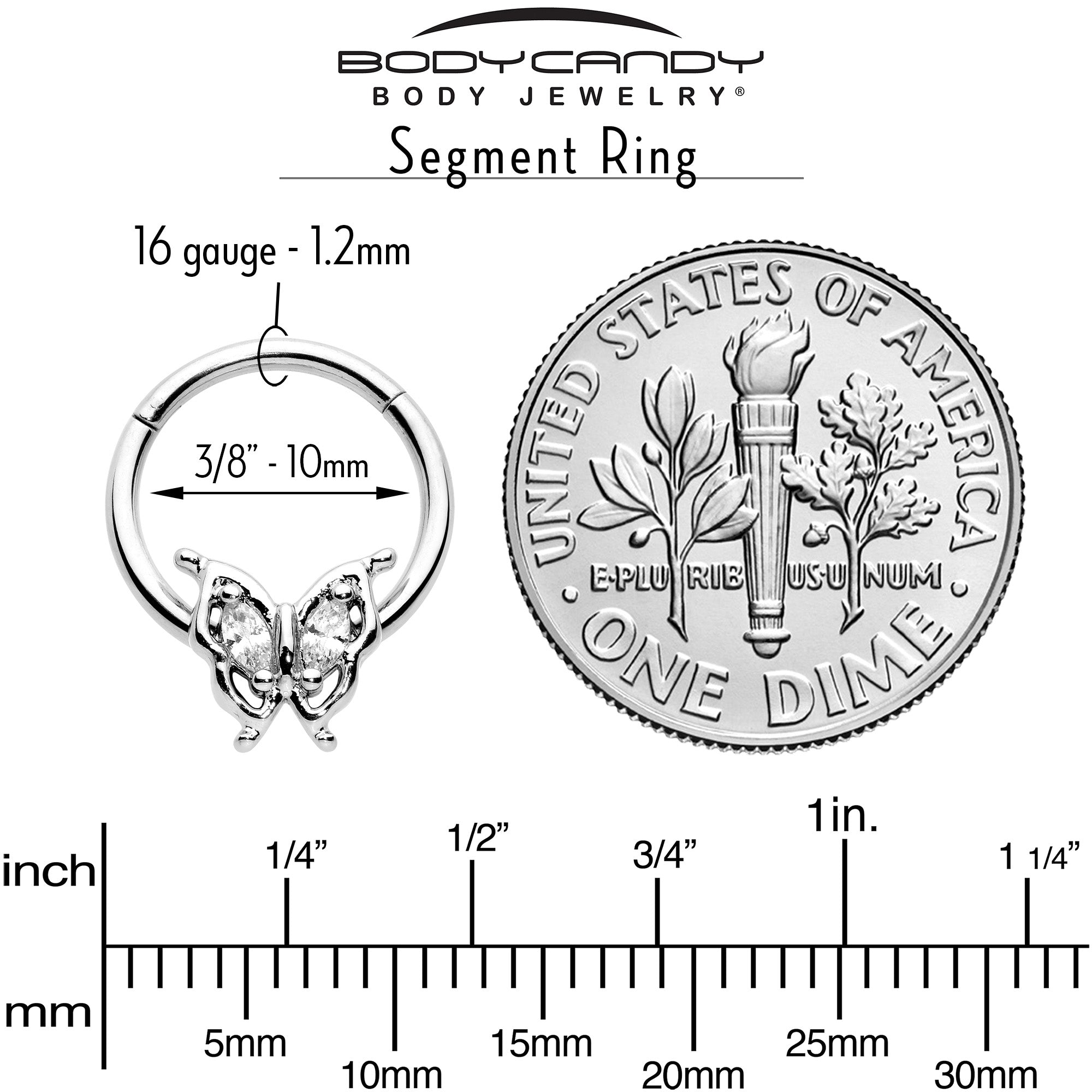 16G 3/8 Clear Gem Fancy Fab Butterfly Hinged Segment Ring