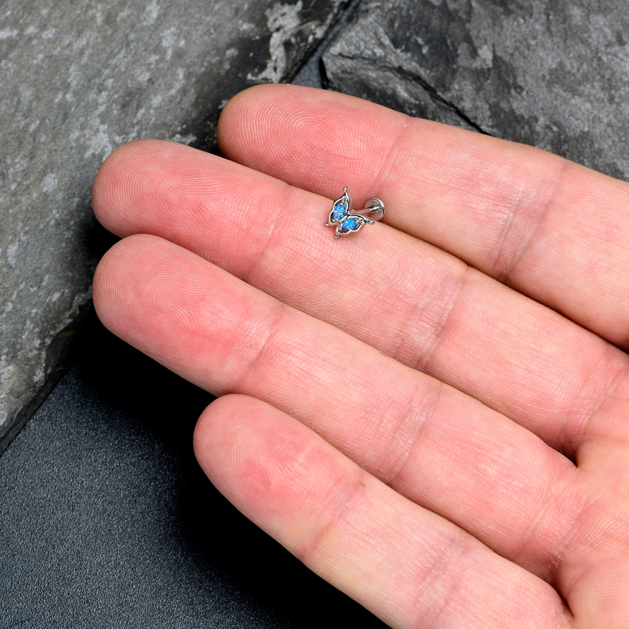 16G 5/16 Blue Gem Fancy Fab Butterfly Internally Threaded Labret